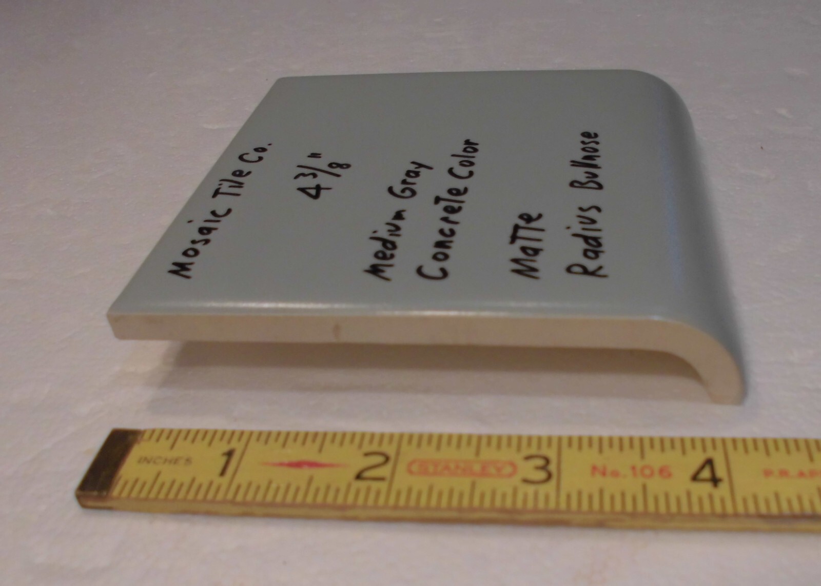 1 pc. Gray-Concrete Color: Matte Radius Bullnose Ceramic Tile 4-3/8″ Mosaic Co.