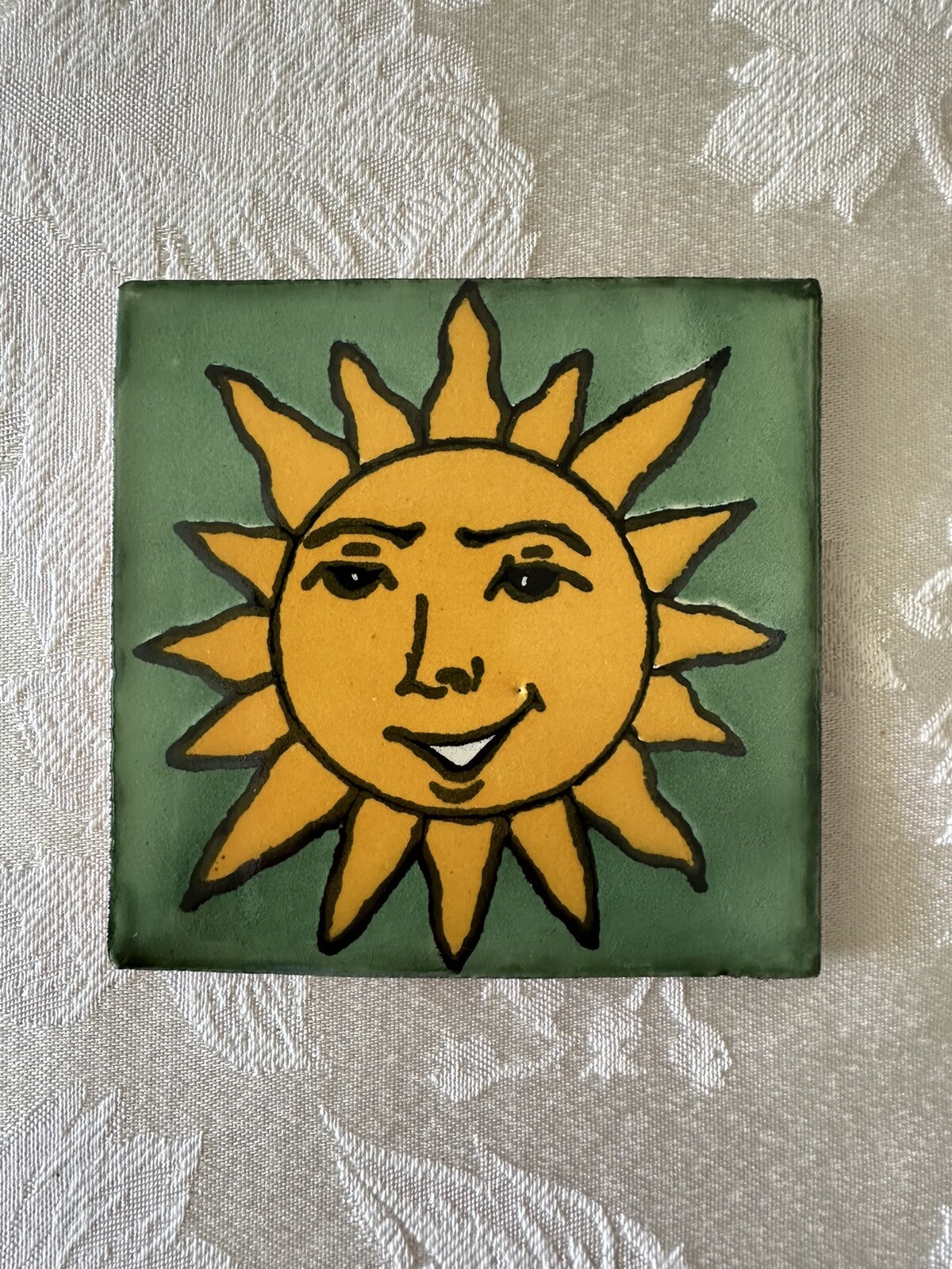 Mexican Red Clay Tile Folk Art Sun Handmade Talavera Backsplash Hand painted 4″