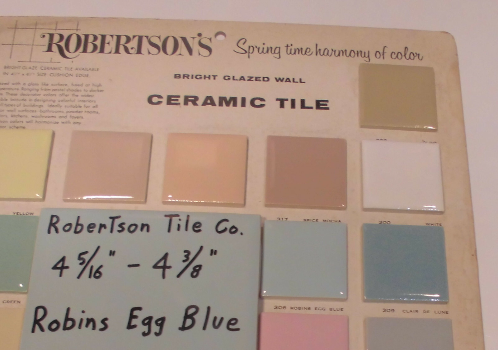 1 pc. Vintage Ceramic Tile *Robins Egg Blue* 4-5/16″- 4-3/8″ Robertson Co. NOS