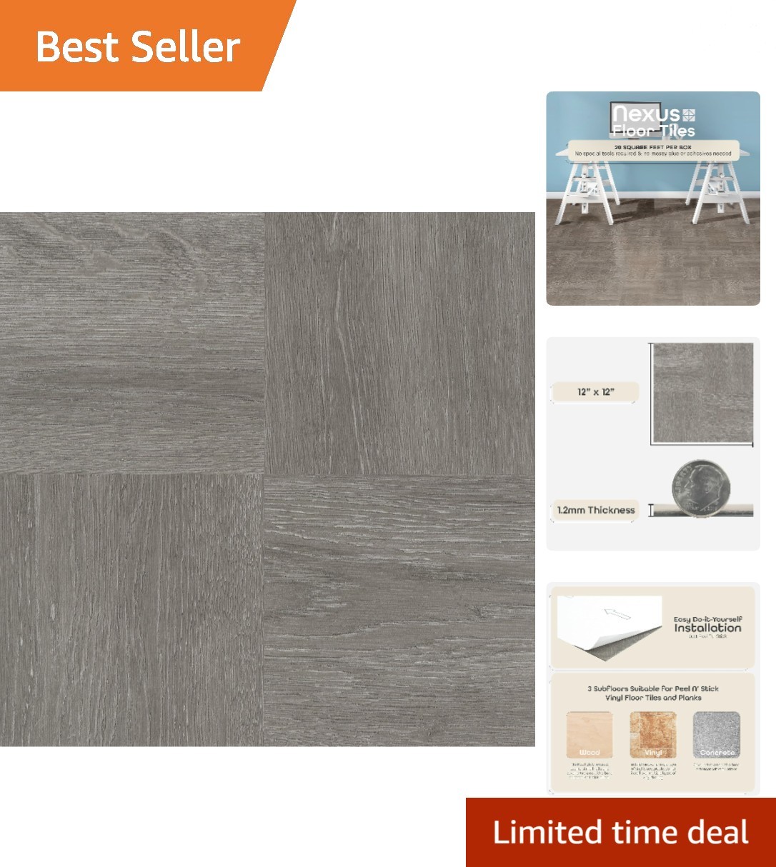 Easy Install Nexus Vinyl Floor Tiles in Charcoal Wood Look, 12×12