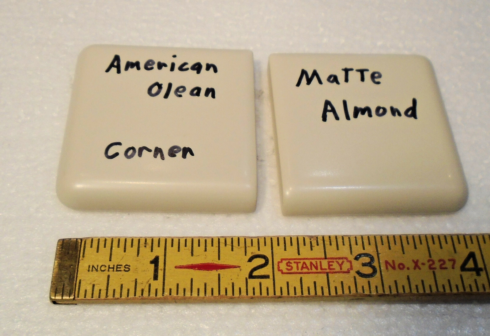 2 pcs. Matte Almond 2″ X 2″ X 5/16″ Ceramic Surface Bullnose Corner Tiles; NEW