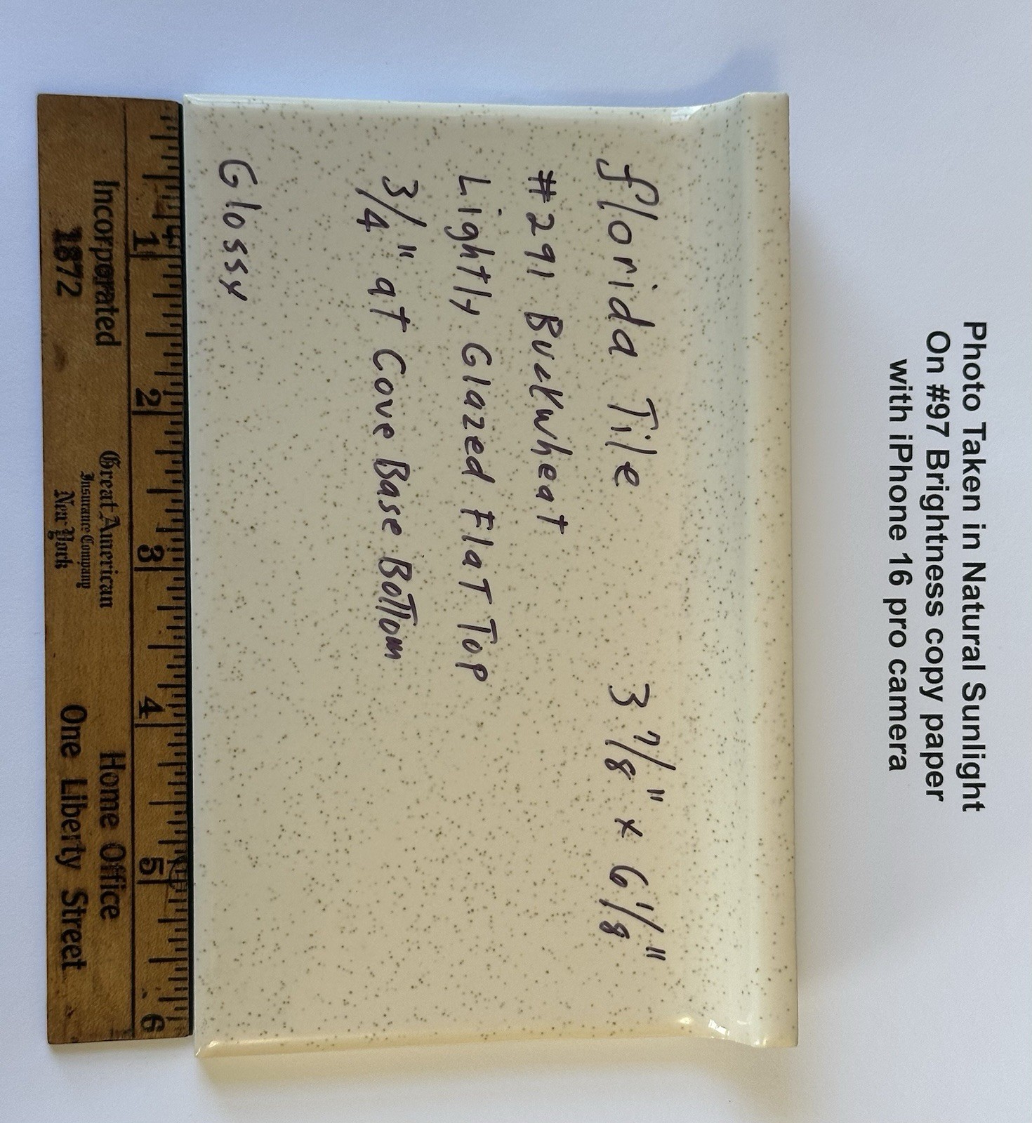 1 pc. Buckwheat 3-7/8 X 6-1/8″ Glossy Ceramic Cove Base Tile, florida, Flat Top
