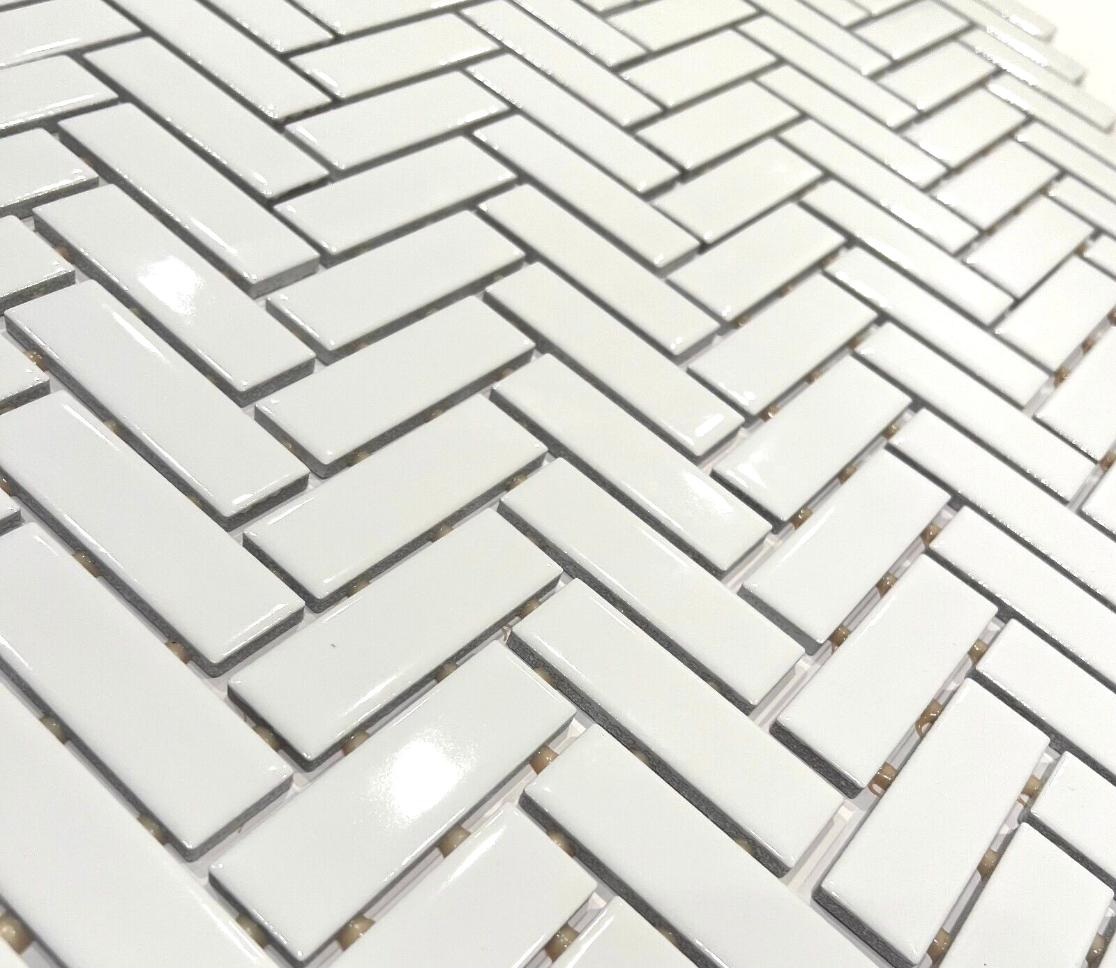 1×3 White Shiny Herringbone Ceramic Mosaic Dot Mount Wall Floor Tile (BOX OF 5)