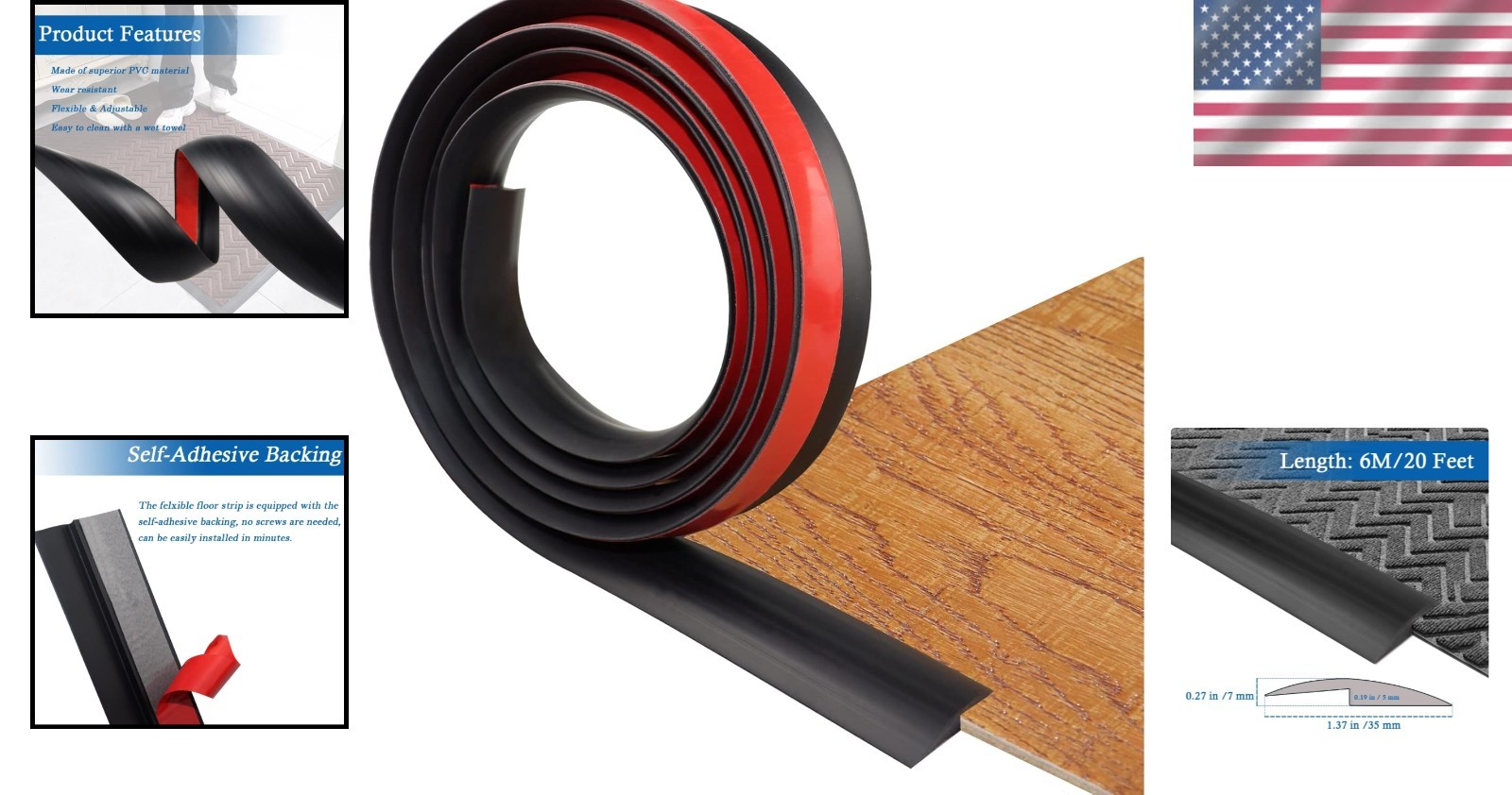Durable PVC Floor Transition Strip – Easy Peel & Stick Installation, 20ft Black
