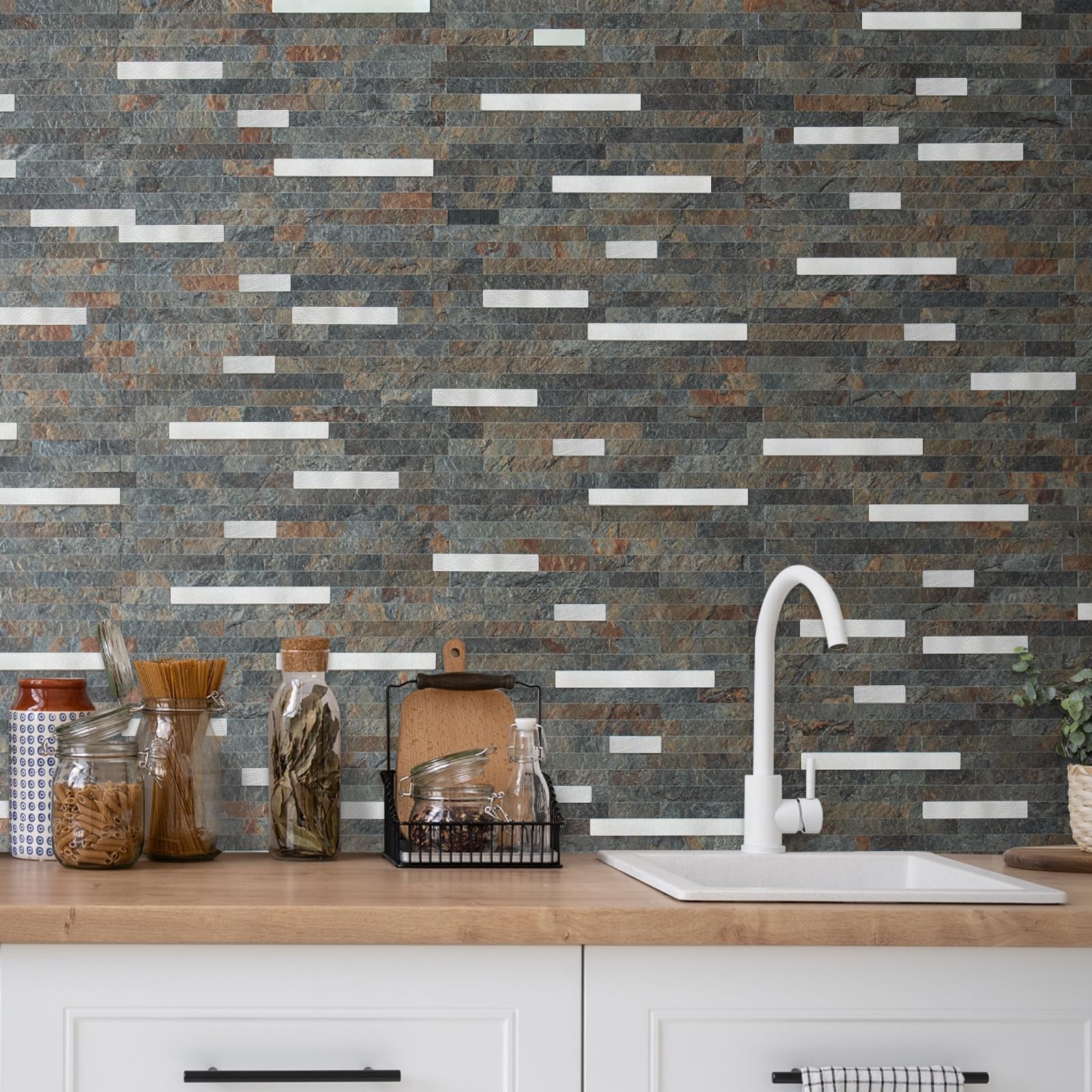 AULIGET 20 Sheets Rust Slate Peel and Stick Backsplash, PVC Mixed Metal Silve…