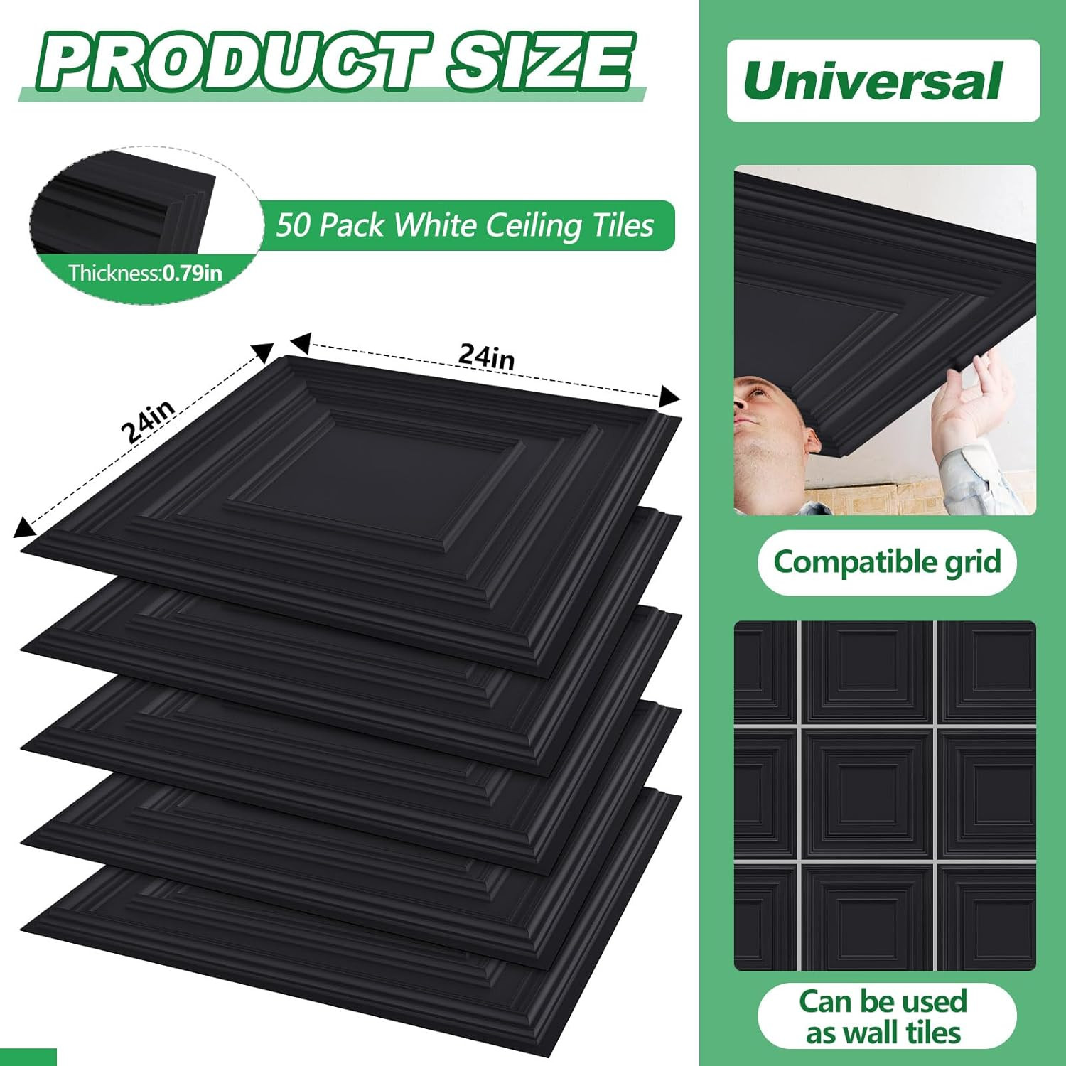 50 Black PVC Ceiling Tiles 2×2 Ft for Office, Bathroom & Living Room Decor