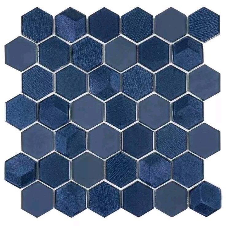 Hex Glass 2″ Hexagon Ink Blue Glass Mosaic Tile 12×12