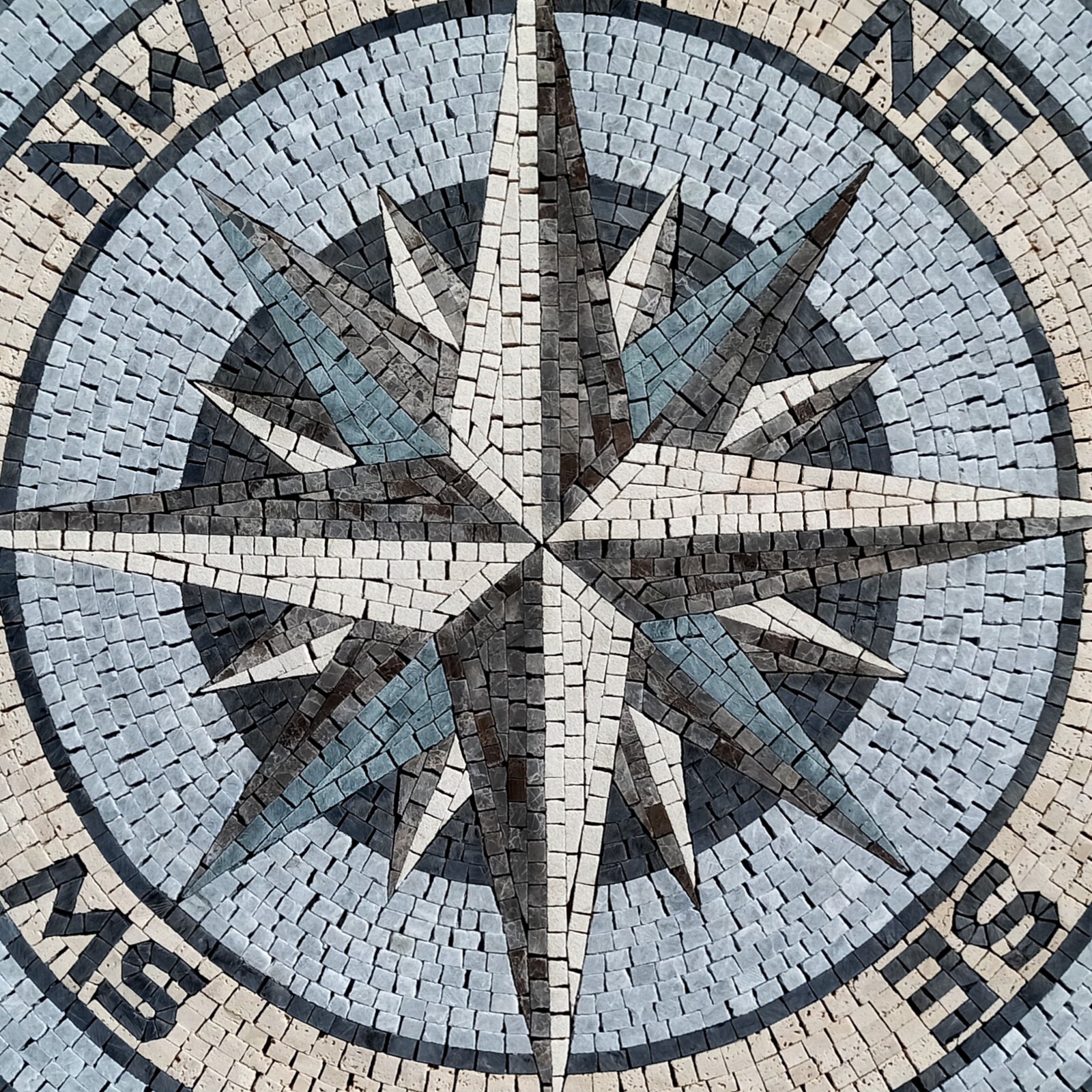 Handmade Nautical Compass Rose in Storm Grey Mosaic Medallion