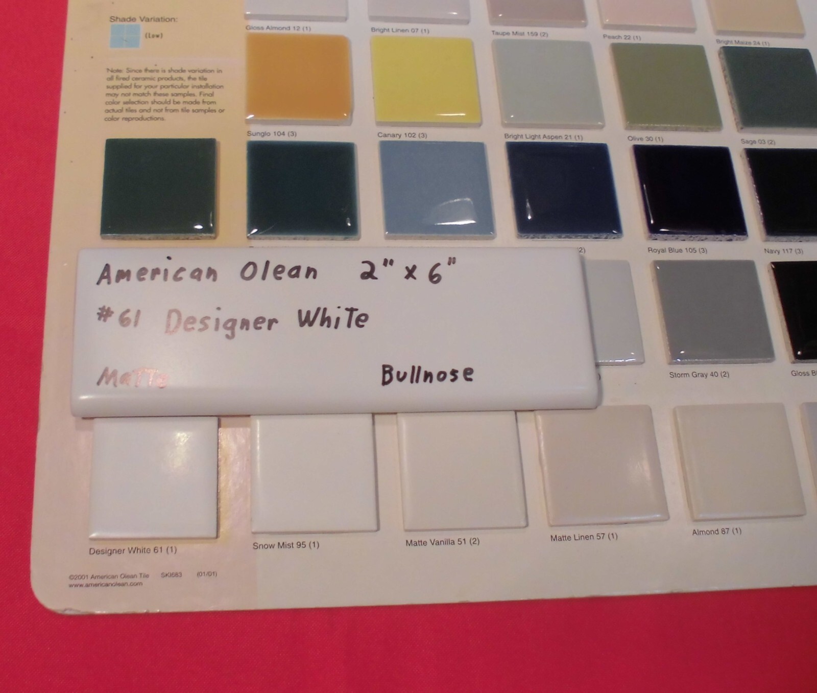1 pc. Ceramic Bullnose Tile 2” X 6” Matte Designer White #61: by American Olean