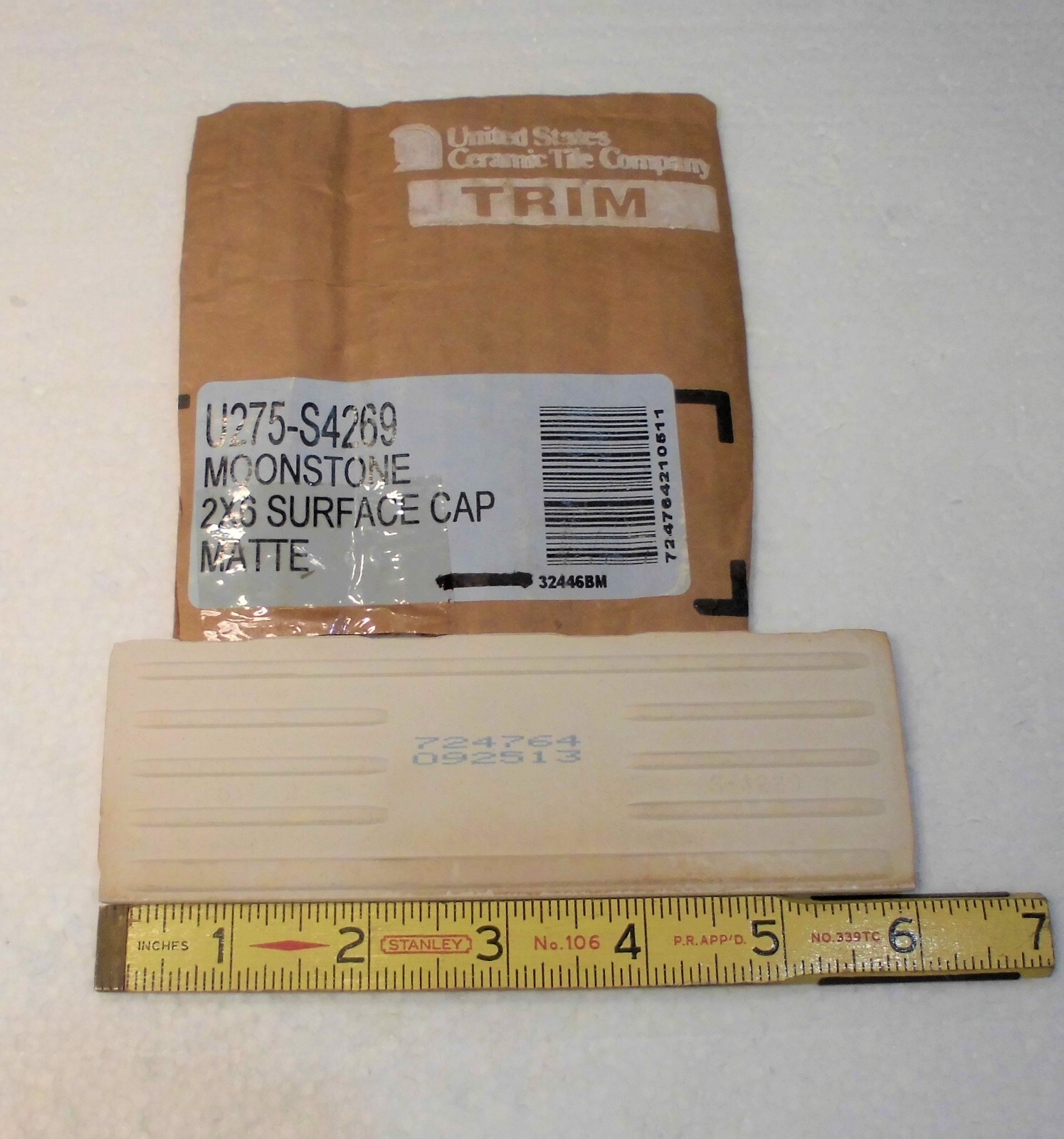 1 pc. Matte Bone: Bullnose Surface Flat Ceramic Tile #U-275 Moonstone, Made USA