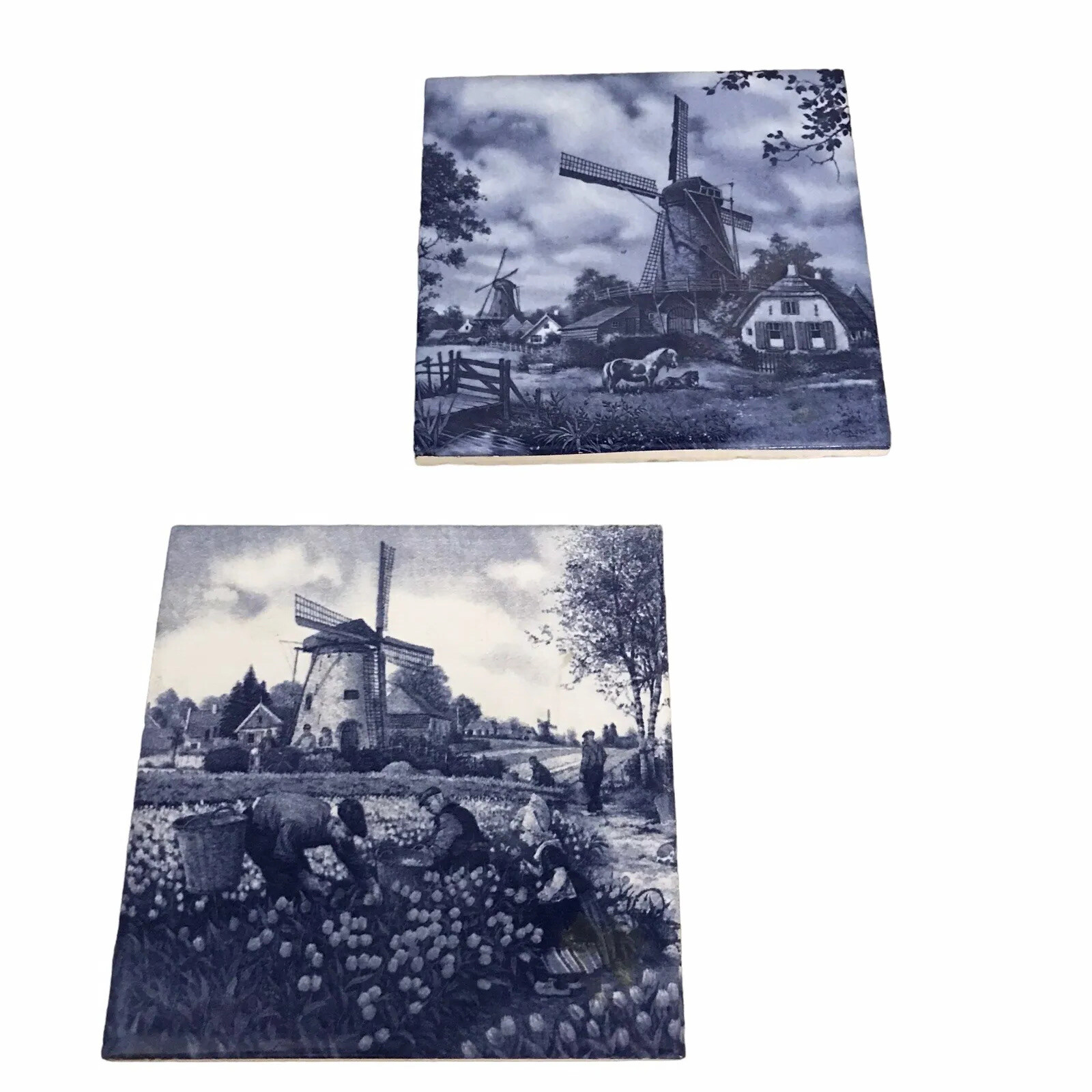 Vintage Delft Blue 4×4 Wall Tiles Pair Windmill Netherlands Replacement