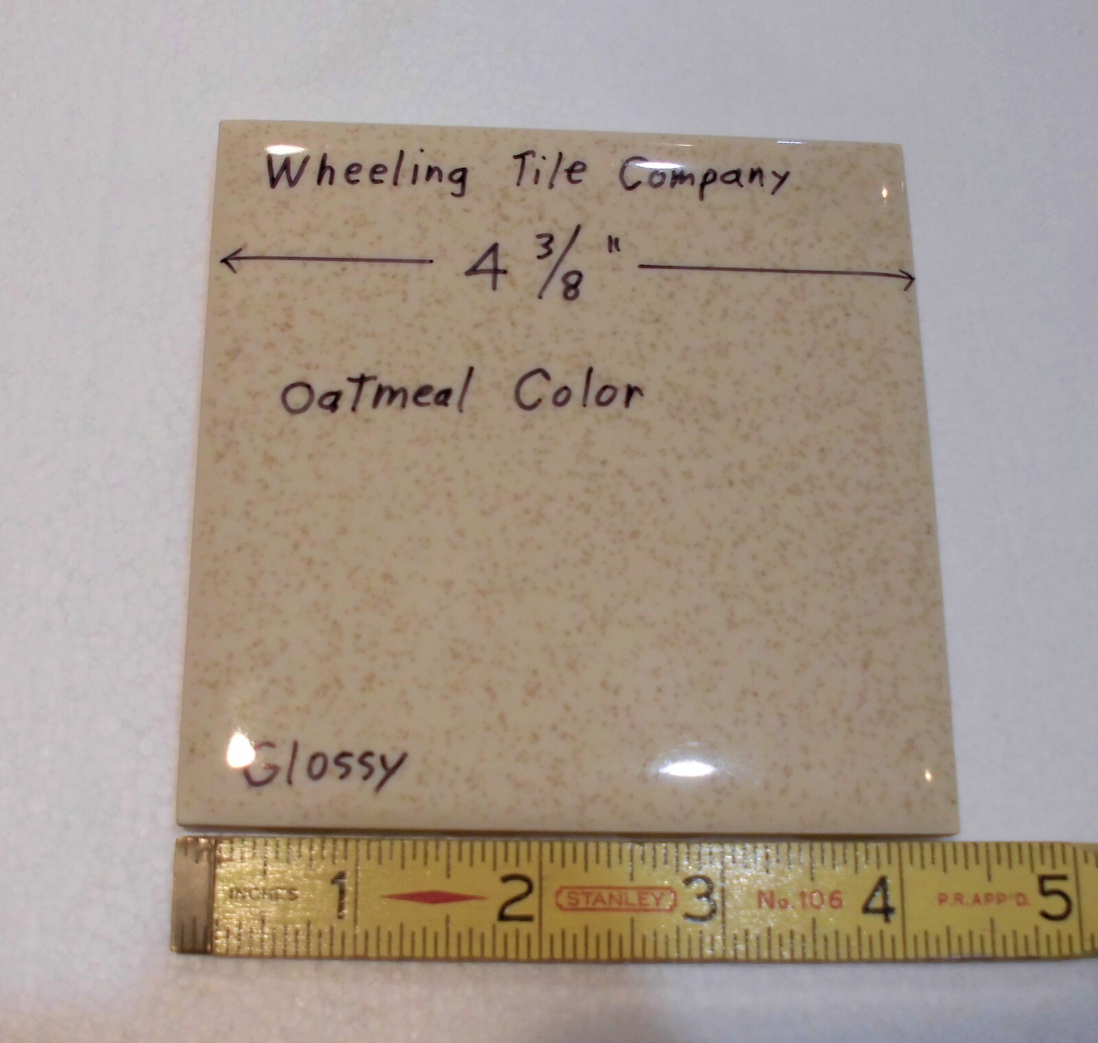 1 pc. Speckled Beige: 4-3/8″ Vintage Glossy Ceramic Tile by Wheeling Co. NEW