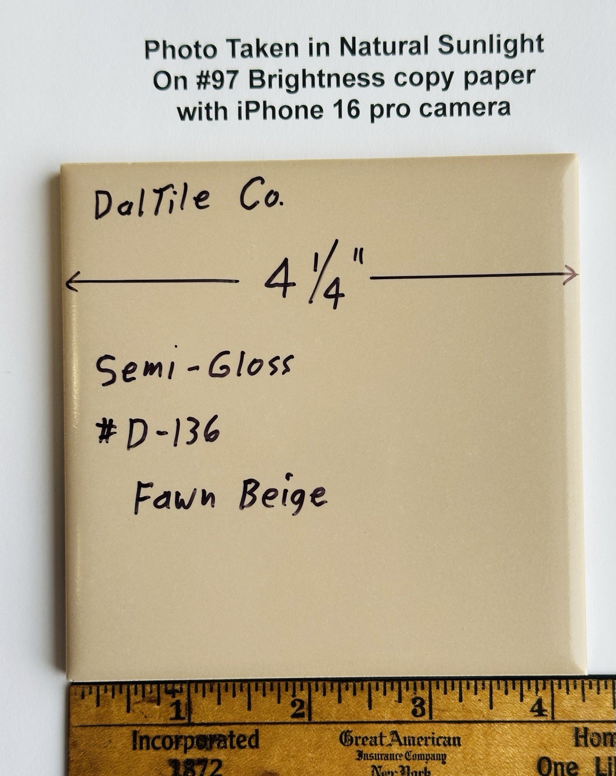 1 pc. Fawn Beige: 4-1/4″ Gloss Ceramic Tile by Daltile #D-136: New Old Stock