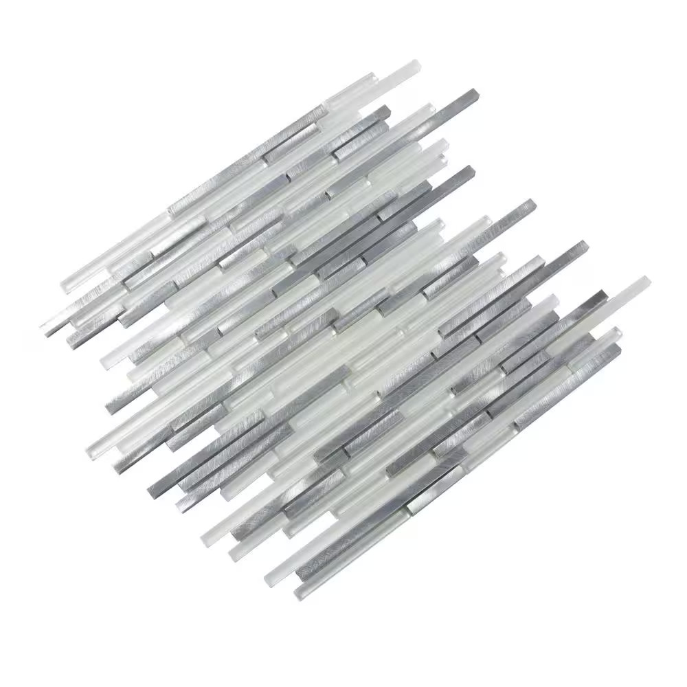 Waterfall Silver White Polished and Honed 11.8 In. X 11.8 In. Linear Glass and M