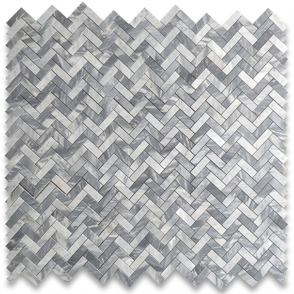 K72XH Bardiglio Gray Dark Grey Marble 1×3 Herringbone Mosaic Tile Honed