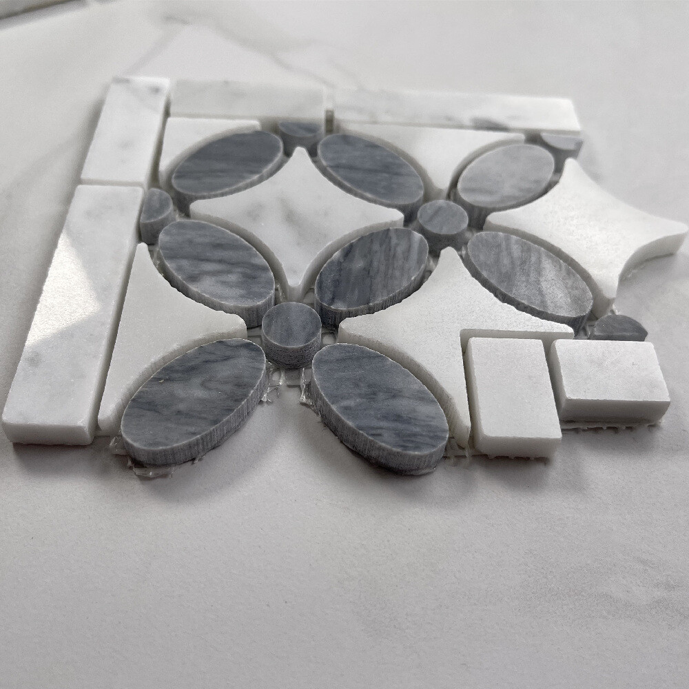 C9C7CXP Flower Mosaic Accent Tile Carrara White Carrera Marble Gray Polished