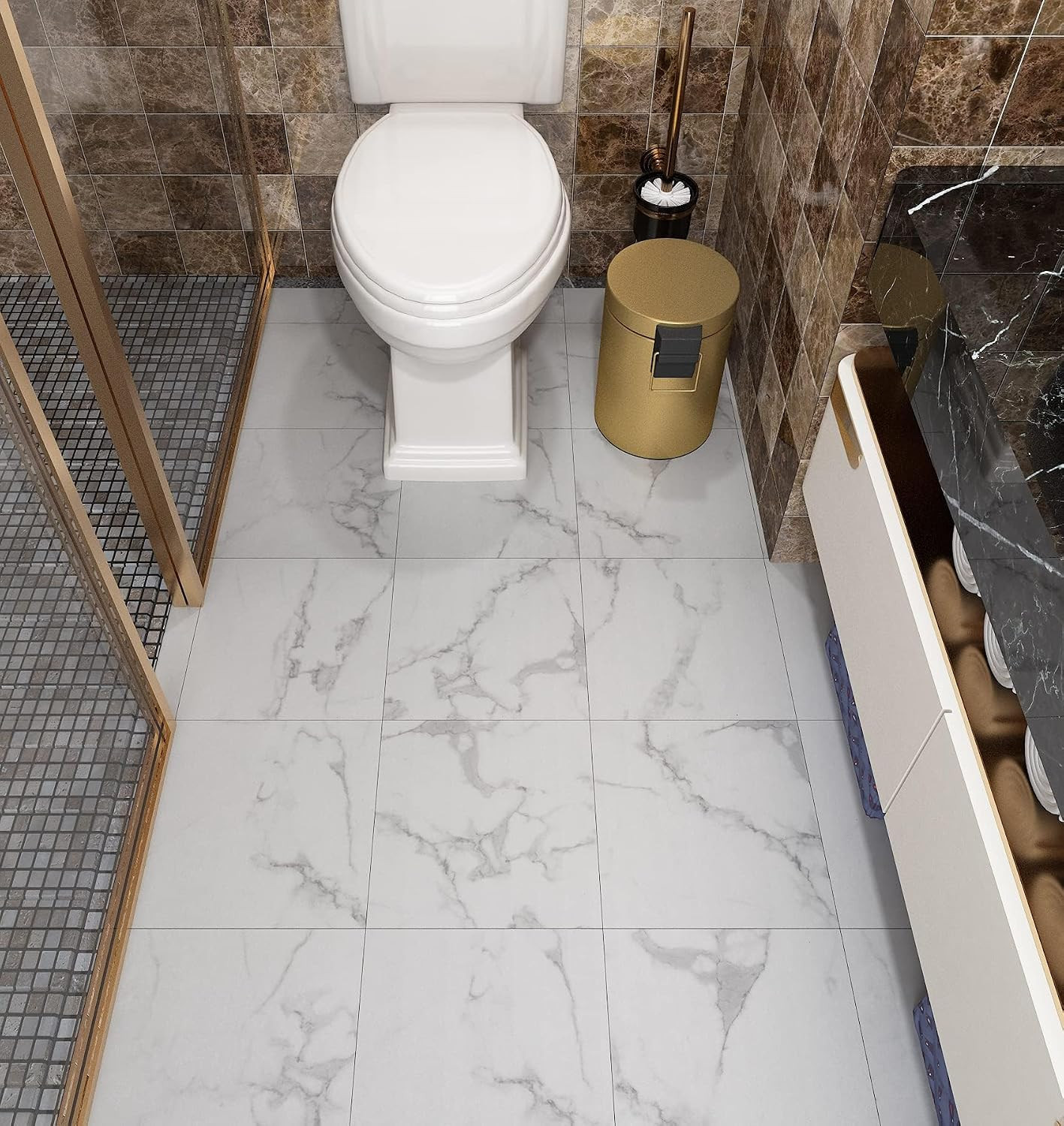 Carrara Marble Peel and Stick Floor Tile Bathroom Waterproof Floor Tiles White M