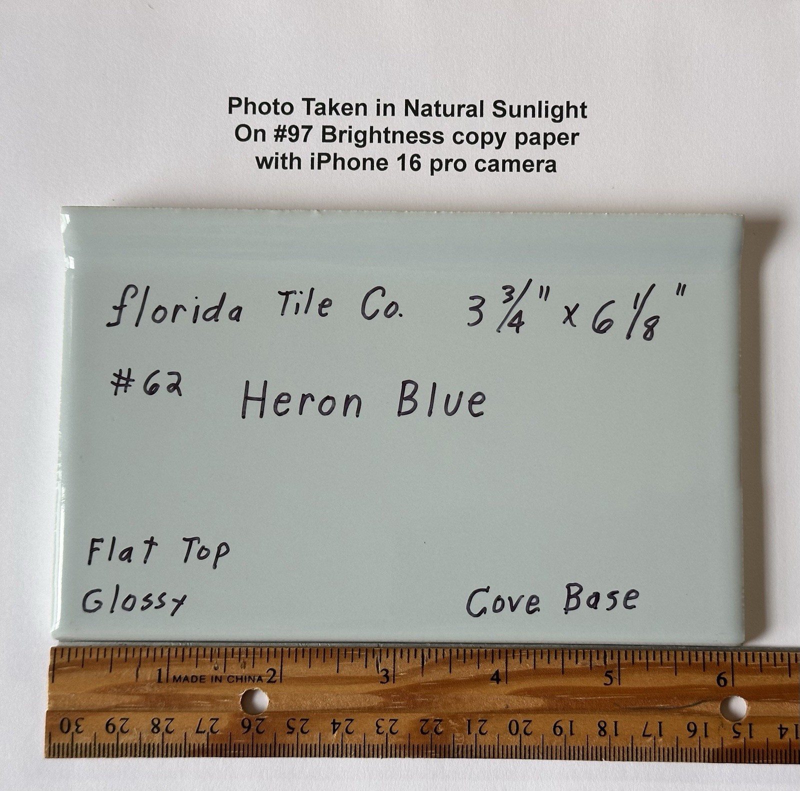1 pc. Heron Blue: 3-3/4″ X 6-1/8″ Ceramic Cove Base Tile: florida Co. Flat Top