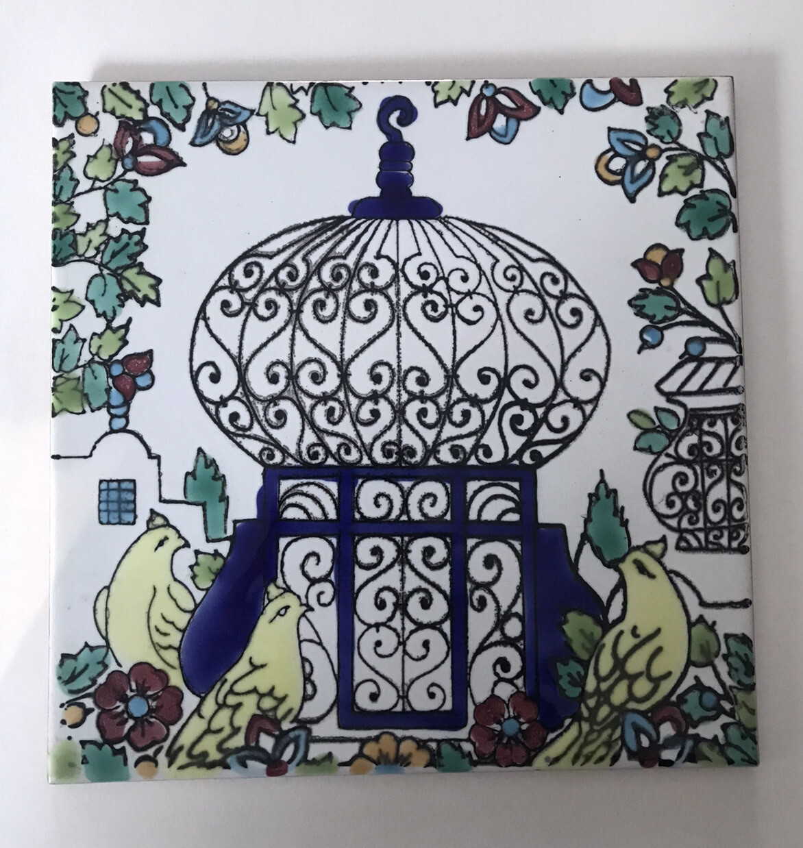 VTG Ceramic Tile Art Birdcage Birds Floral Scroll Decorative Hand Painted 8×8