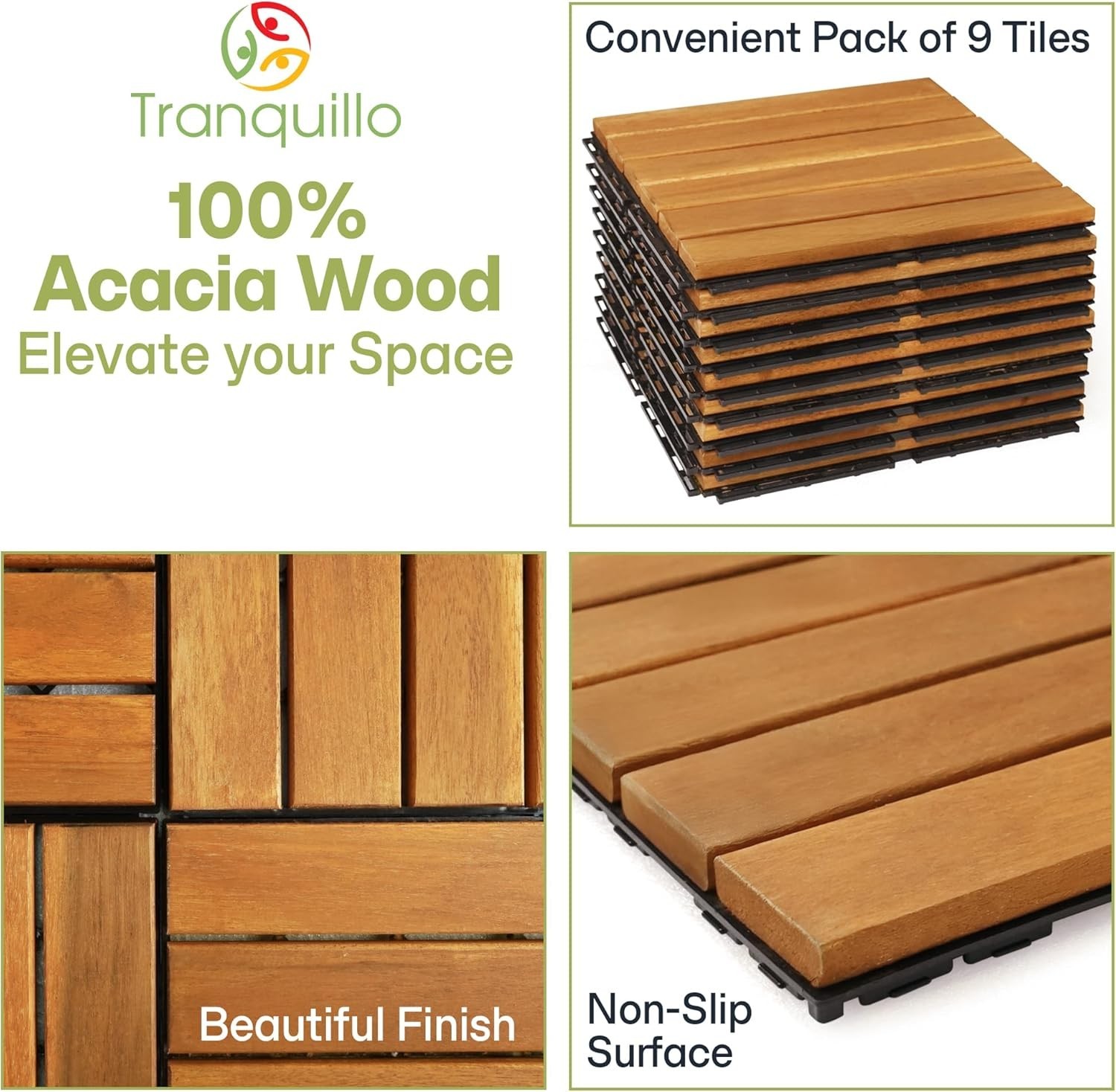 Non-Slip Acacia Wood Deck Tiles – Golden Striped, 12”x12”, 9 Pcs Easy Install