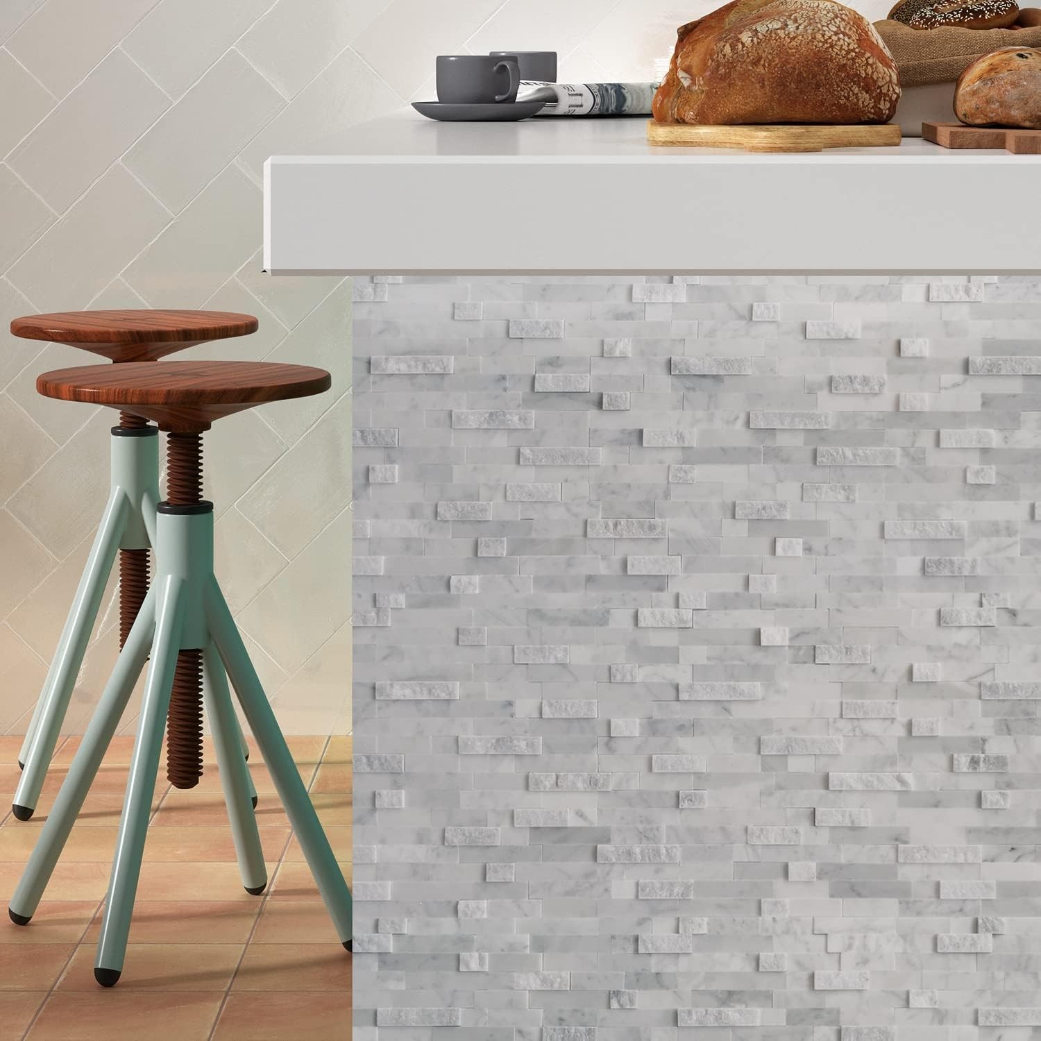 SUNWINGS 5-Sheet Peel and Stick Mosaic Natural 3D Stone Self Adhesive Marble Til
