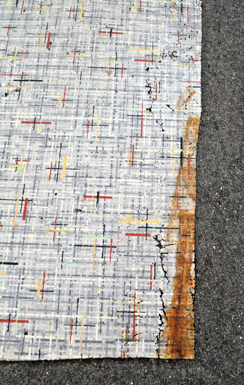 VTG~LINOLEUM FLOORING~LARGE PIECE~46″x66″~1950-60~MOVIE SET~MCM~GRAY GRID B