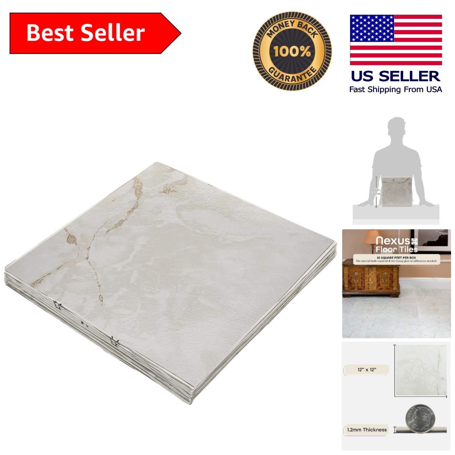 20 Pack – Classic White Vinyl Floor Tiles 12″ x 12″ with Grey Veins Pattern
