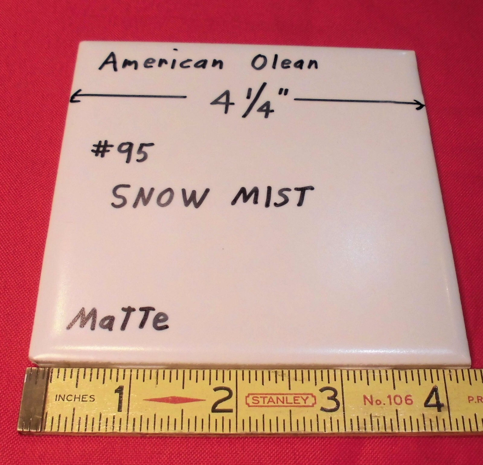 1 pc. Snow Mist: 4-1/4″ Matte White Ceramic Tile: American Olean, 1950’s-80’s