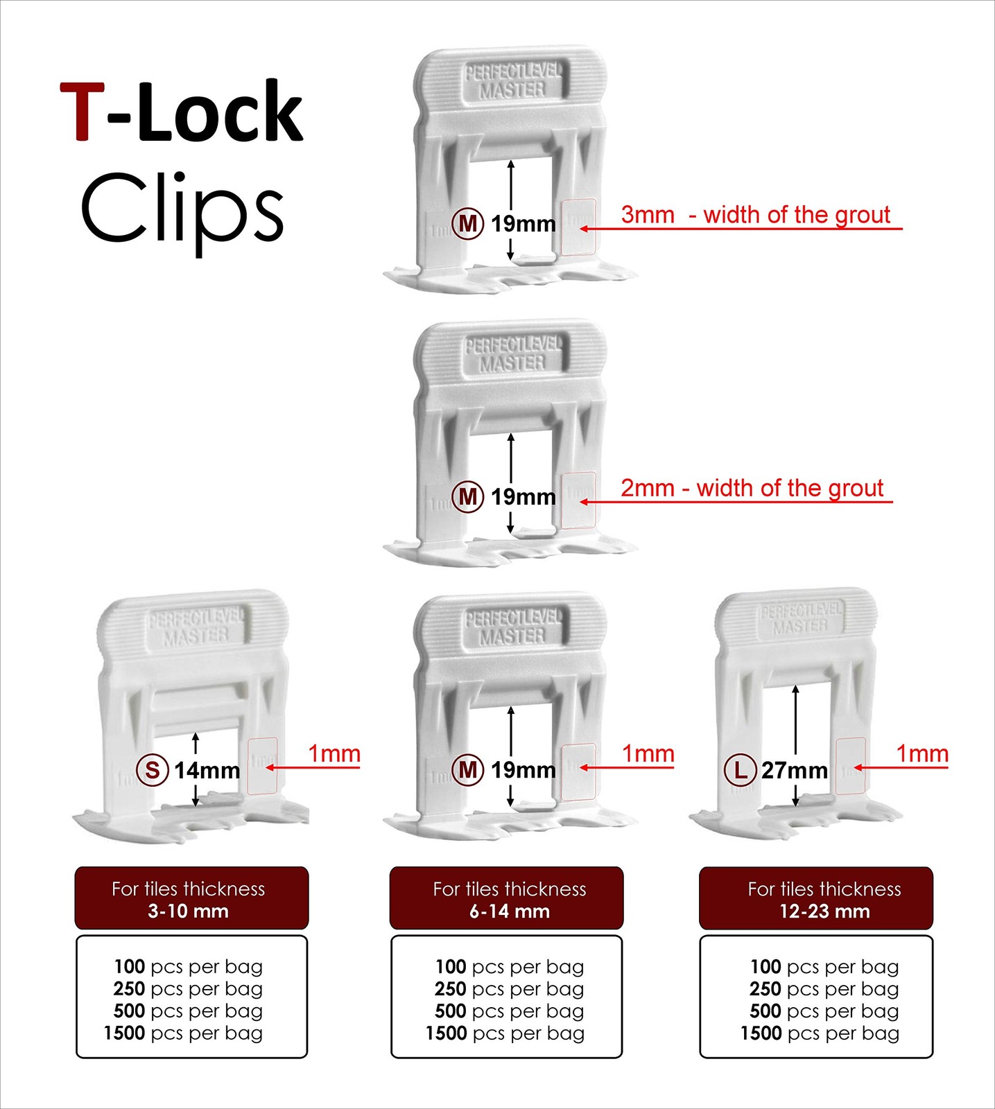 Tile Leveling System 1/8″ Spacers – 250 Clips, Red Wedges Sold Separately