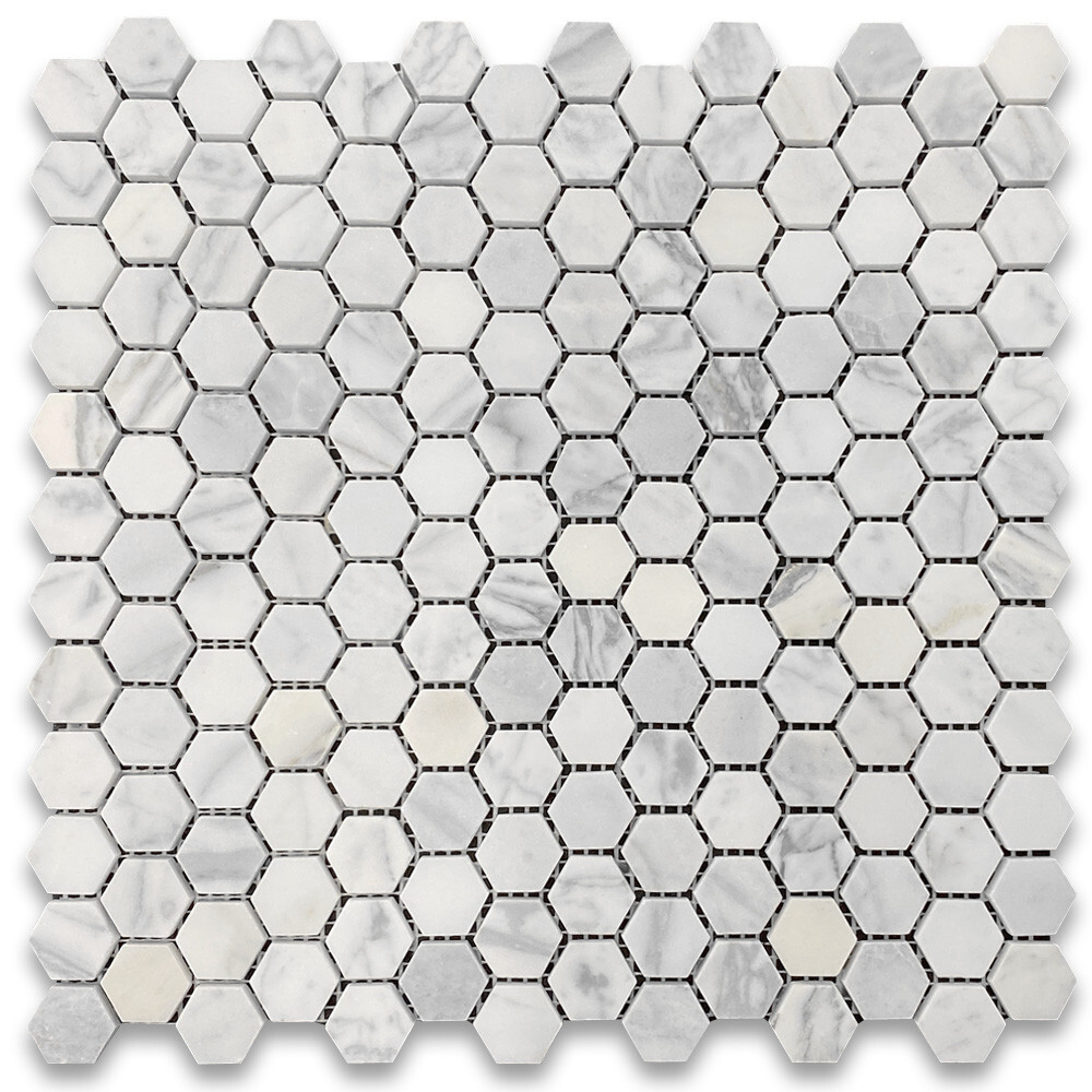 L31XH 1″ Hexagon Statuary Statuario White Italian Marble Mosaic Tile Honed