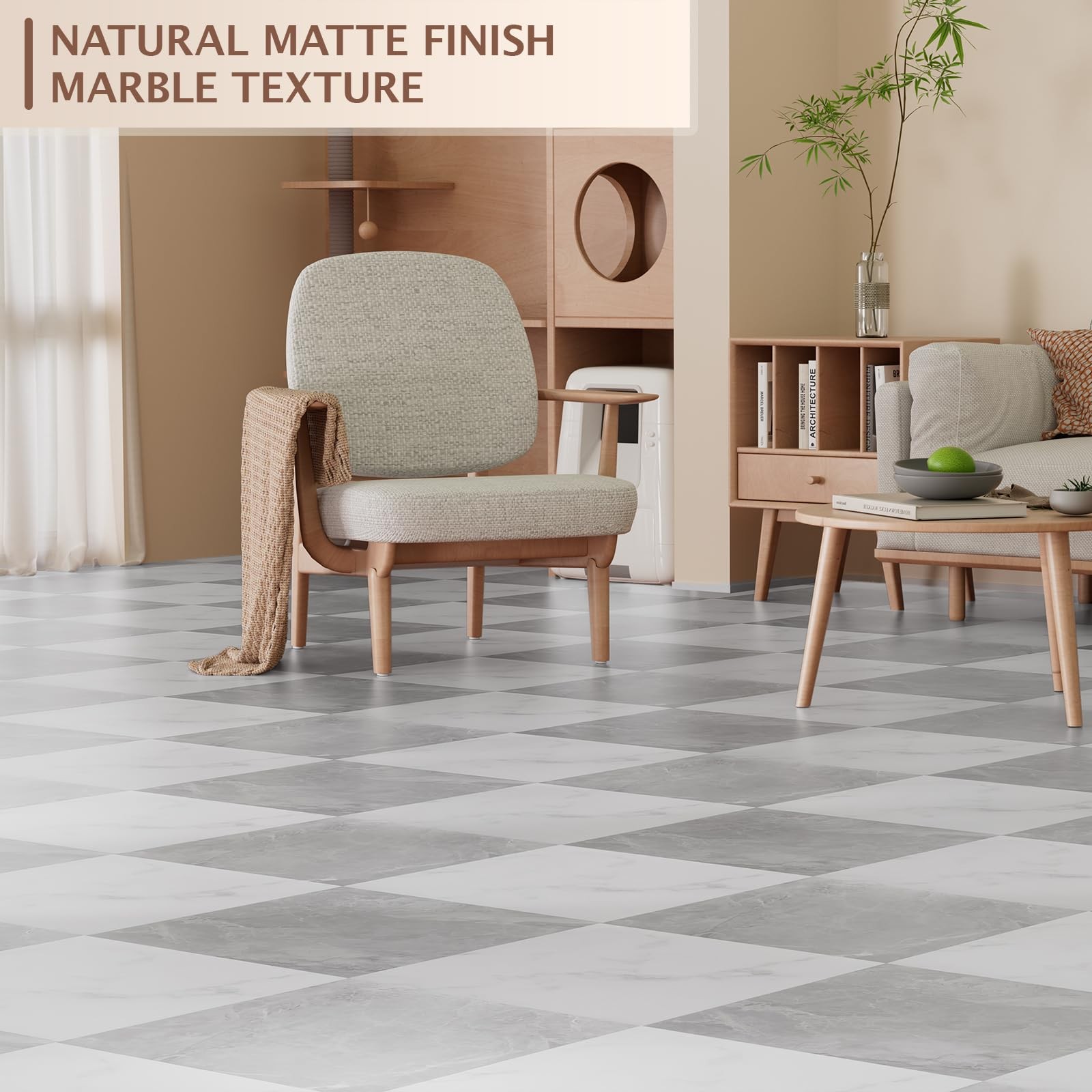 Peel and Stick Floor Tile, 30 PCS 12″ x 12″ Checkered Waterproof Marble Textu…