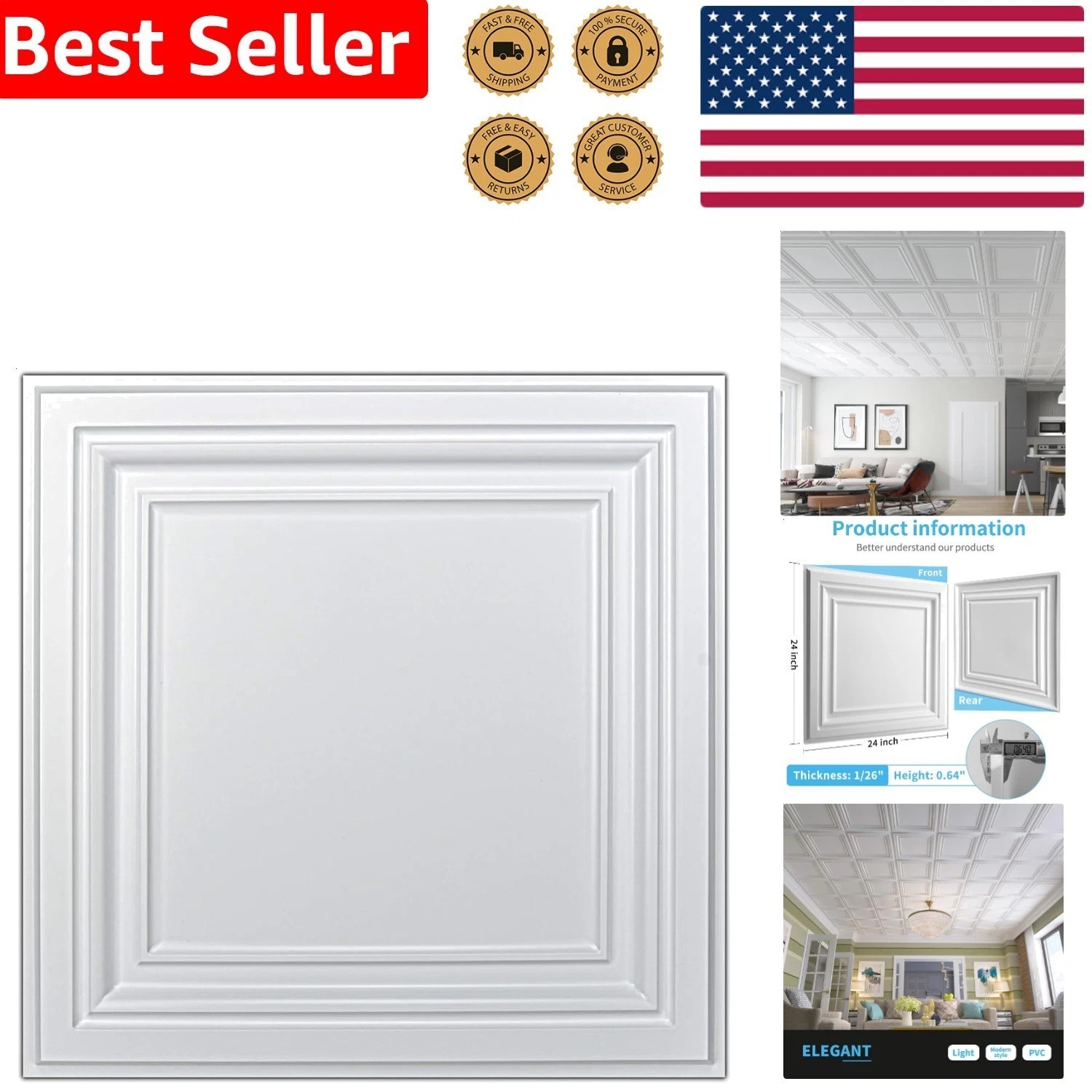 Modern White PVC Ceiling Tiles 2×2 12 Pack Waterproof Plastic Square Sheet
