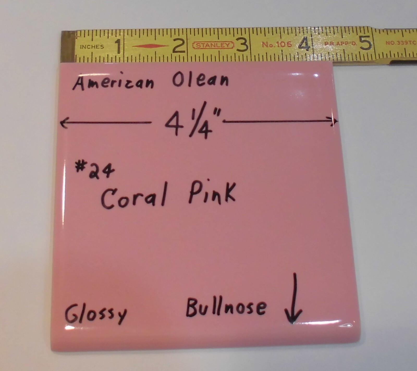 1 pc. Vintage Glossy Ceramic Bullnose Tile 4-1/4” *Coral-Pink* American Olean