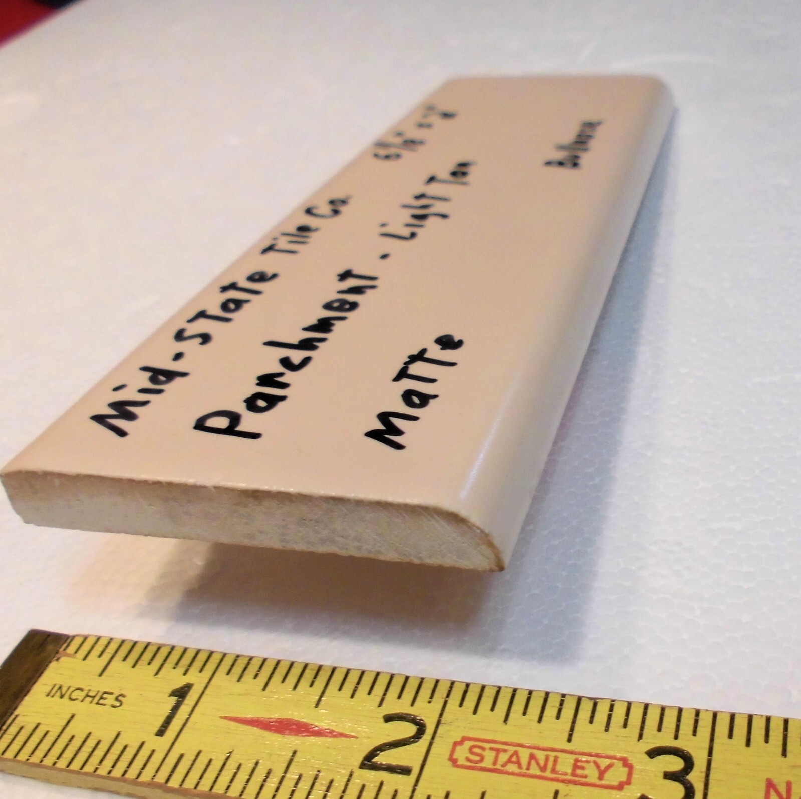 1 pc. Parchment-Light Tan 2” X 6-1/8” Matte Ceramic Bullnose Tile Mid-State Co.