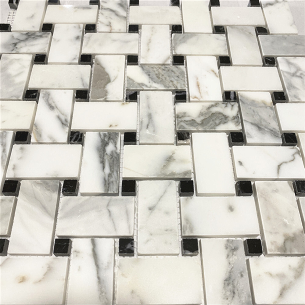 L651XP Basketweave Mosaic Statuary Statuario White Marble 1×2 Tile Polished