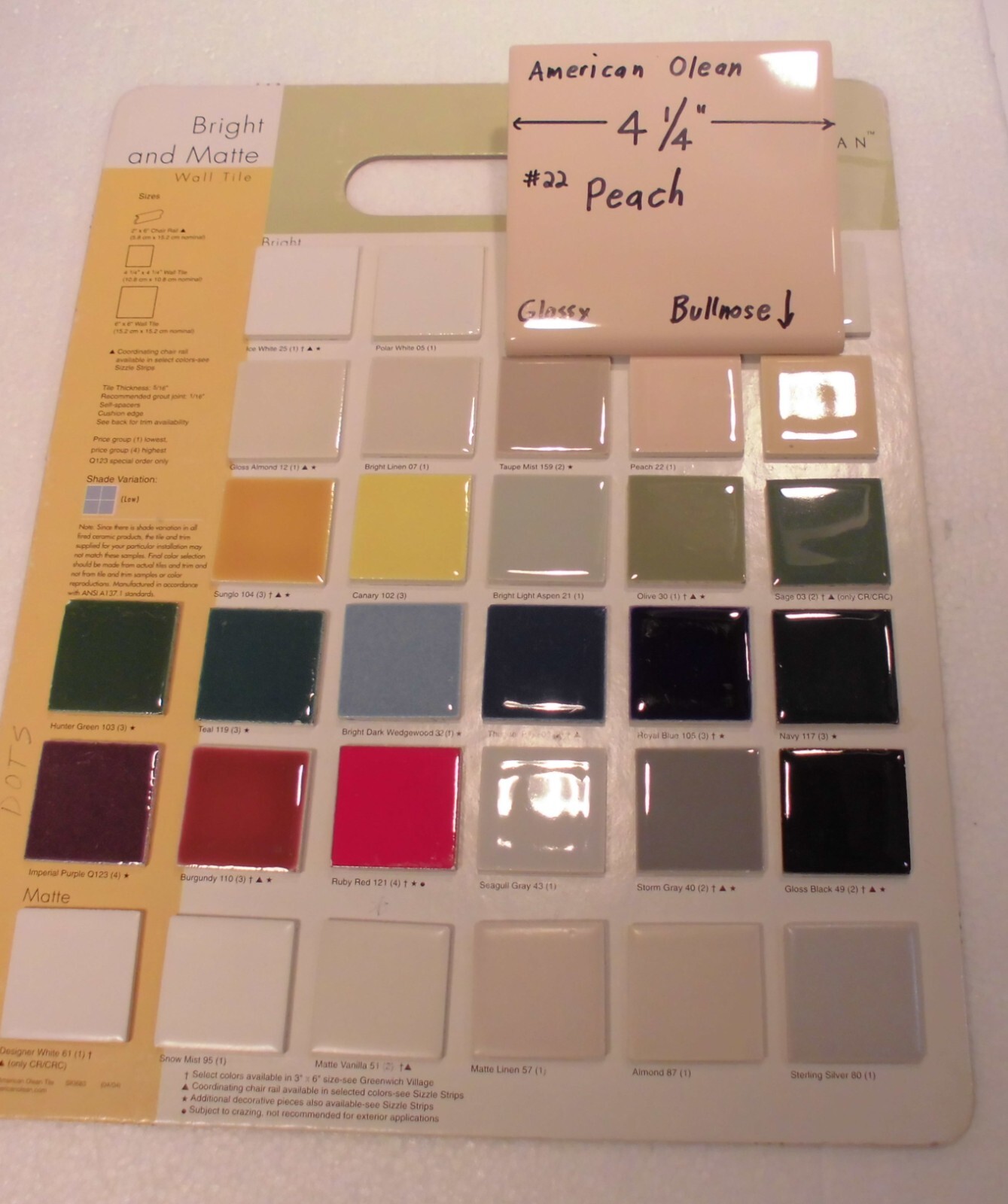 1 pc. *PEACH COLOR* Glossy Bullnose Ceramic Tile #22 by American Olean 4-1/4″