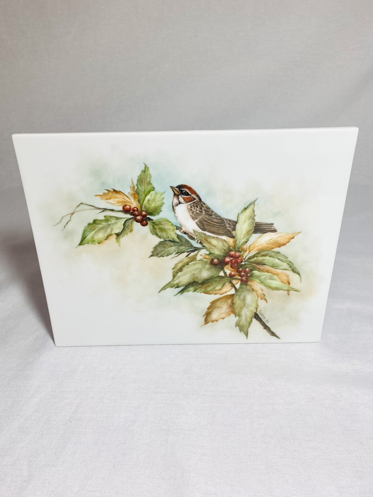 Sparrow on a Lingonberry Branch Art Border Backsplash Ceramic Craft Tile 8”x10”