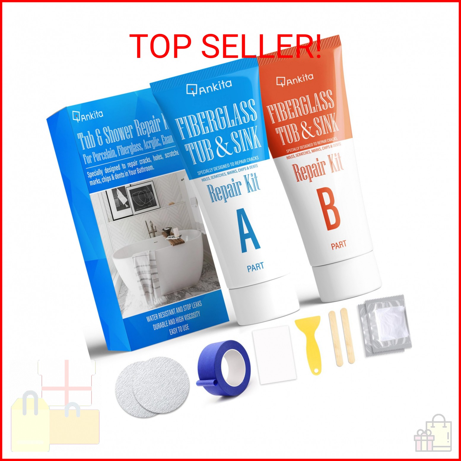 Tub Repair Kit White, Tub Chip and Bathtub Repair Kit for Enamel, Fiberglass, Ac