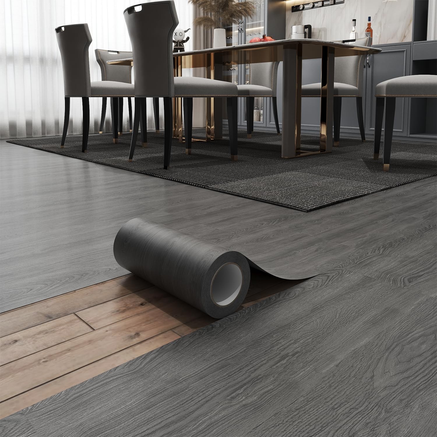 Peel & Stick Floor Tile 11.8″ x 118″ Vinyl Flooring Roll PVC Wood Grey 1PC