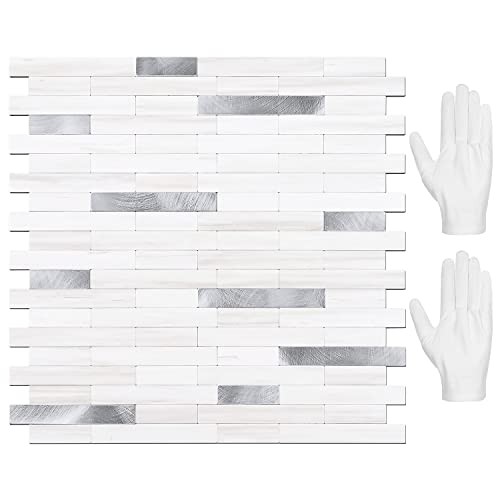 Peel and Stick Backsplash Tile, 10 Dolomite White Marble Mixed Metal Silver