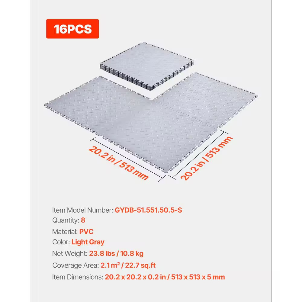 Garage Floor Tiles Interlocking, 8 Pack 20.2 X 20.2 X 0.2 In. Interlocking Modul
