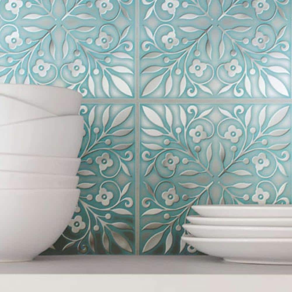 8″ X 8″ Teal and Silver Leaves Foil Peel & Stick Paper Tile Backsplash (24-Pack)