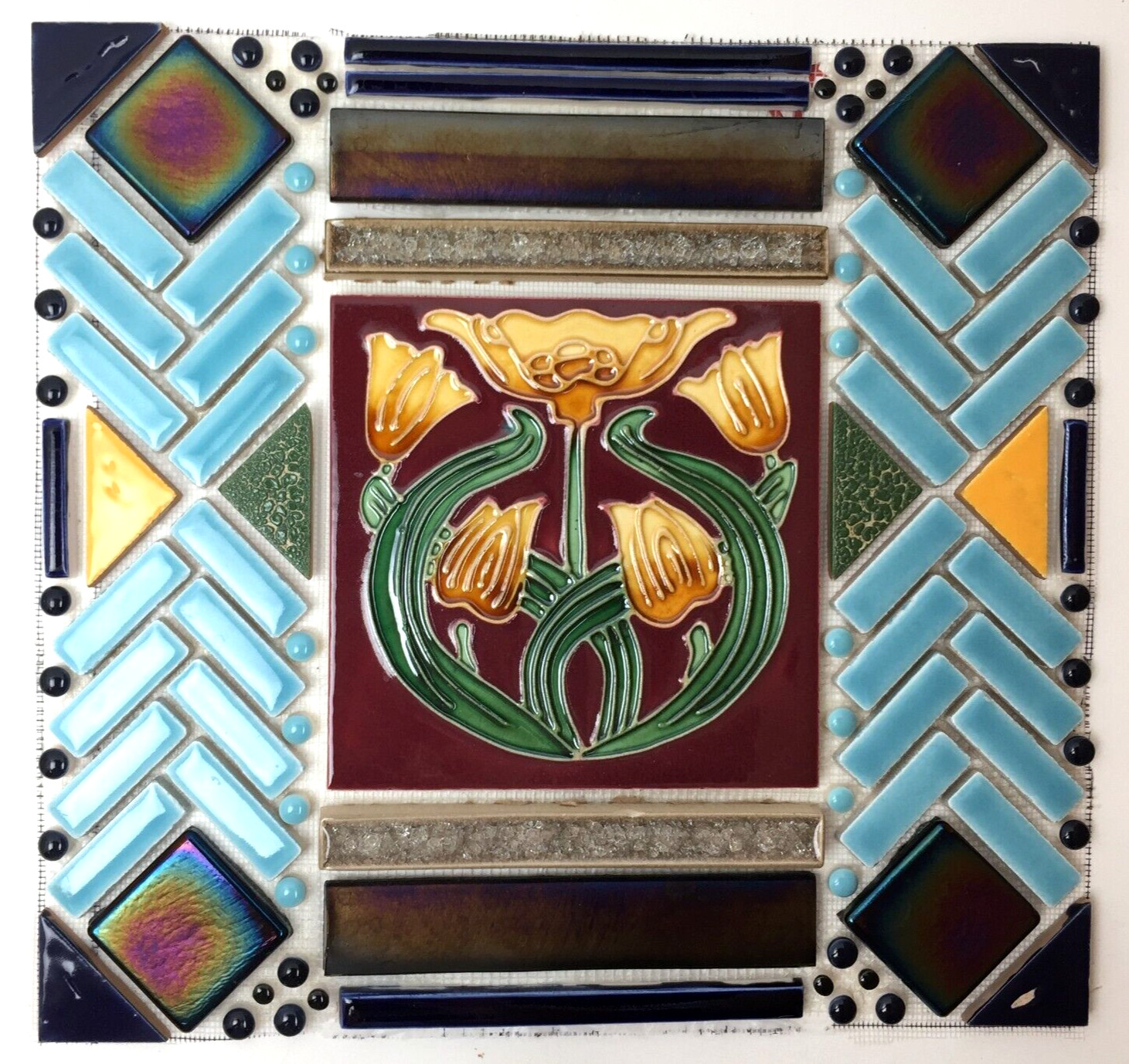 Tile Mosaic Feature Panel w/Vintage Handmade Ceramic and Glass Tile 12″ X 12.75″