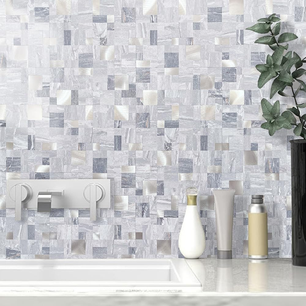 1 Sheet Grey Marble Peel and Stick Tile Backsplash, Mixed Metal Silver Chips Kit