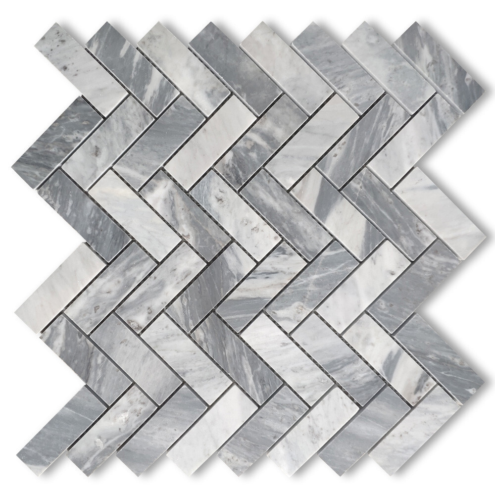 K72XH Bardiglio Gray Dark Grey Marble 1×3 Herringbone Mosaic Tile Honed
