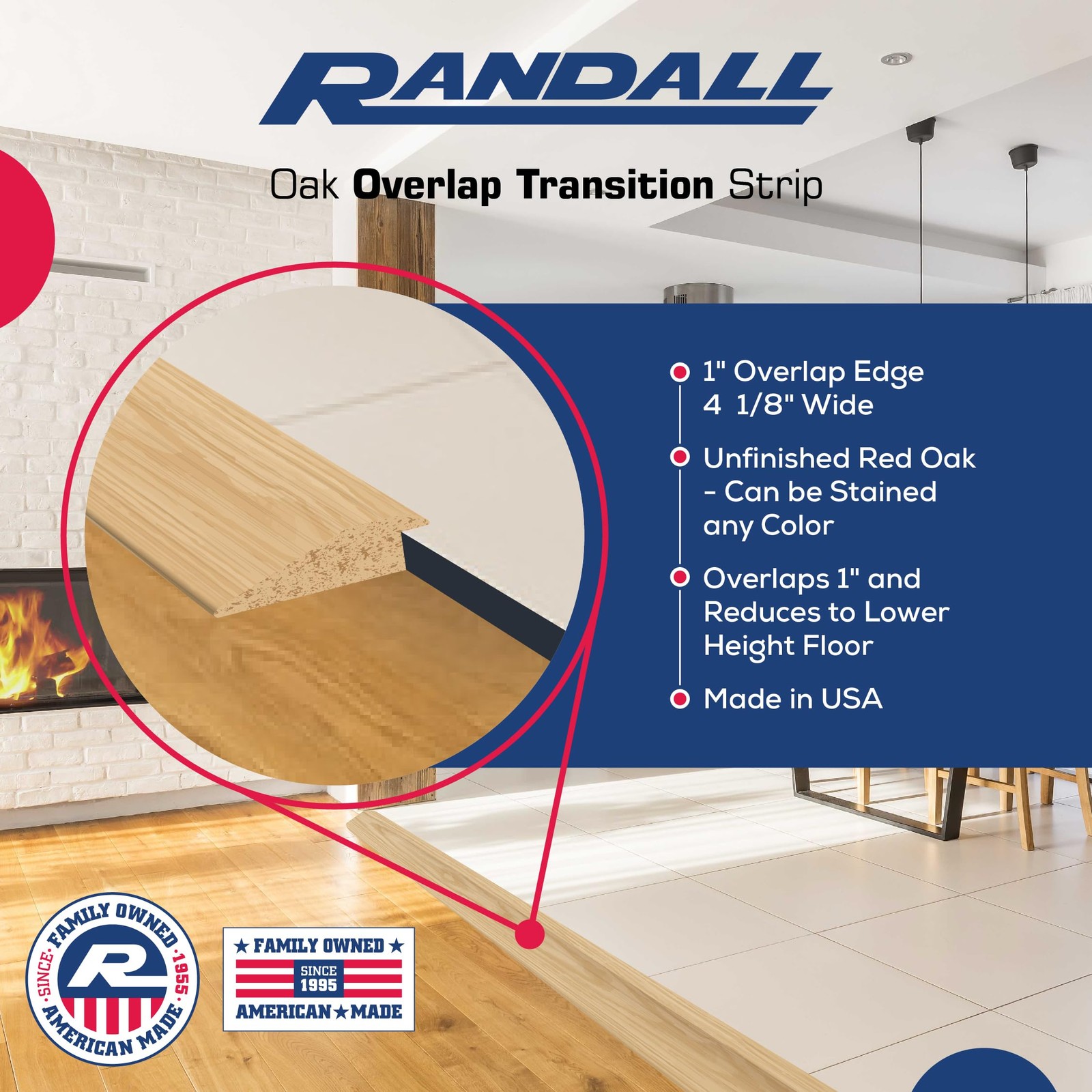 Oak Overlap Edge Floor Transition Strip, 4-1/8″ Wide x 36″ Long, Red Oak Wood