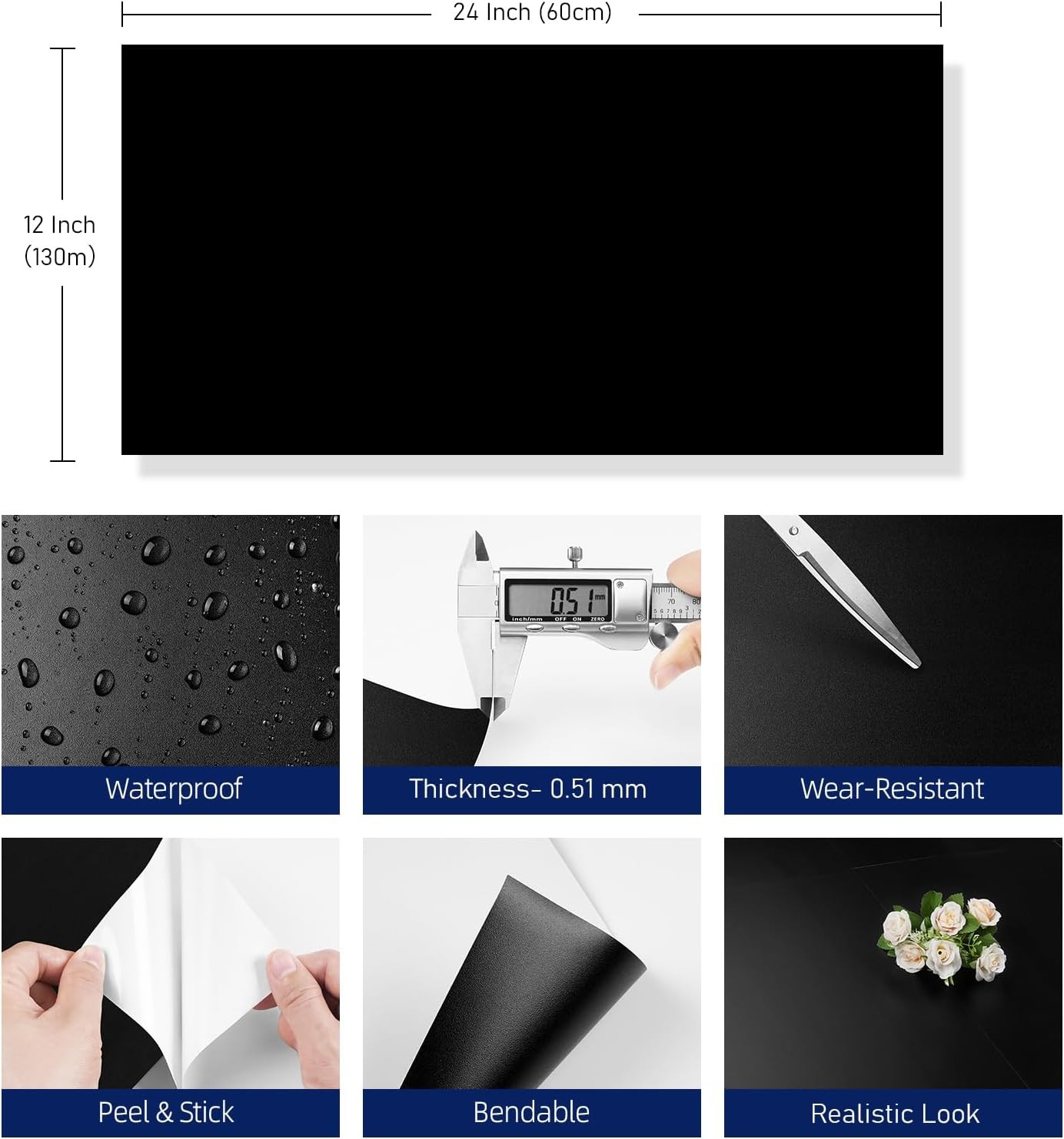 12″x24″ Peel and Stick Floor Tile Waterproof Black Vinyl Flooring Planks Peel