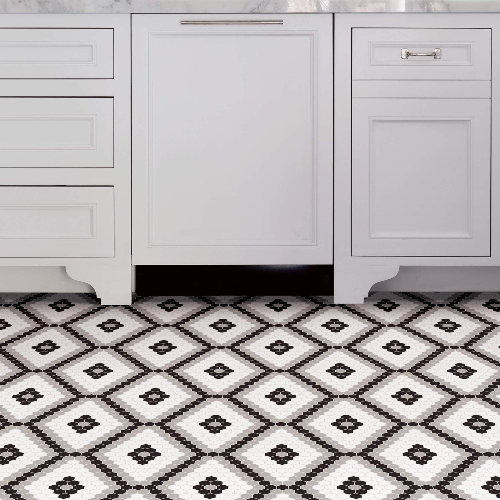 FloorPops FP2950 Leyton Peel & Stick Floor Tiles, Black 12″L x 12″W x 0.06″T