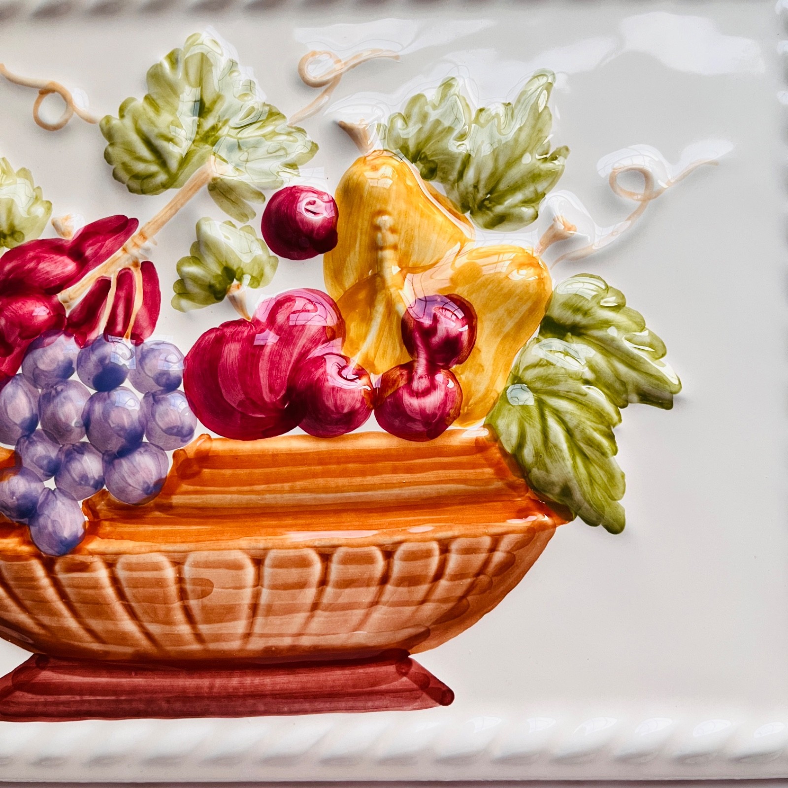 Vintage Embossed 3D Ceramic Fruit Basket Wall Tile Plaque Accent Piece Kitchen