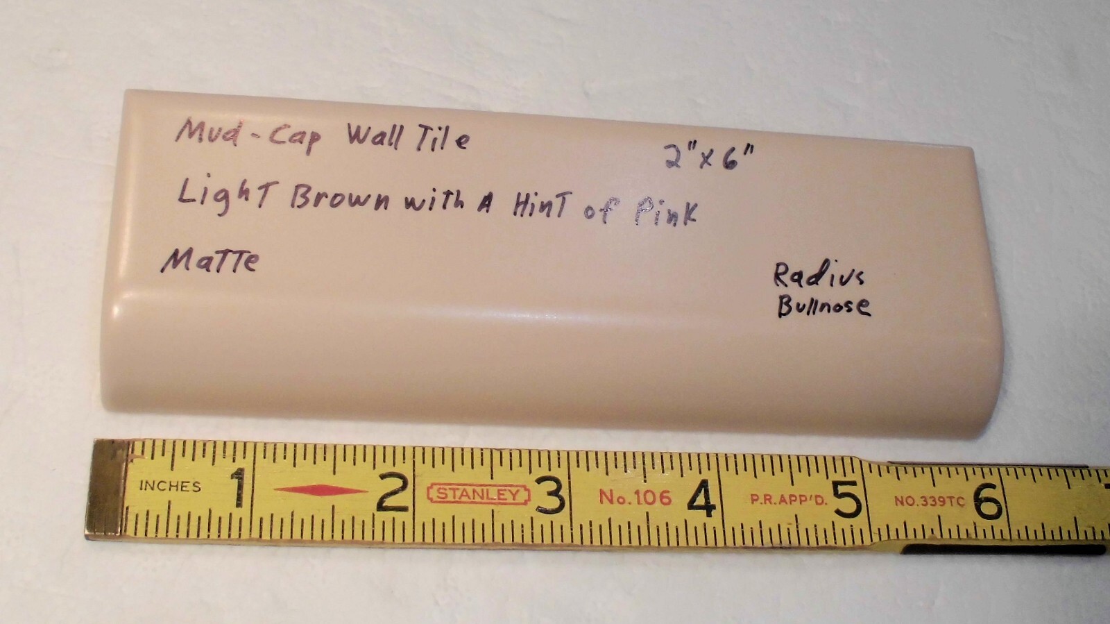 1 pc. Lite Brown+hint of pink: 2″ X 6″ X 5/8″ Matte Ceramic Radius Bullnose Tile